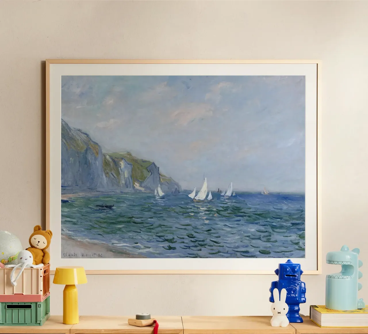 Monet - Scogliere e barche a vela a Pourville poster con telaio in alluminio da ARTOTHEK