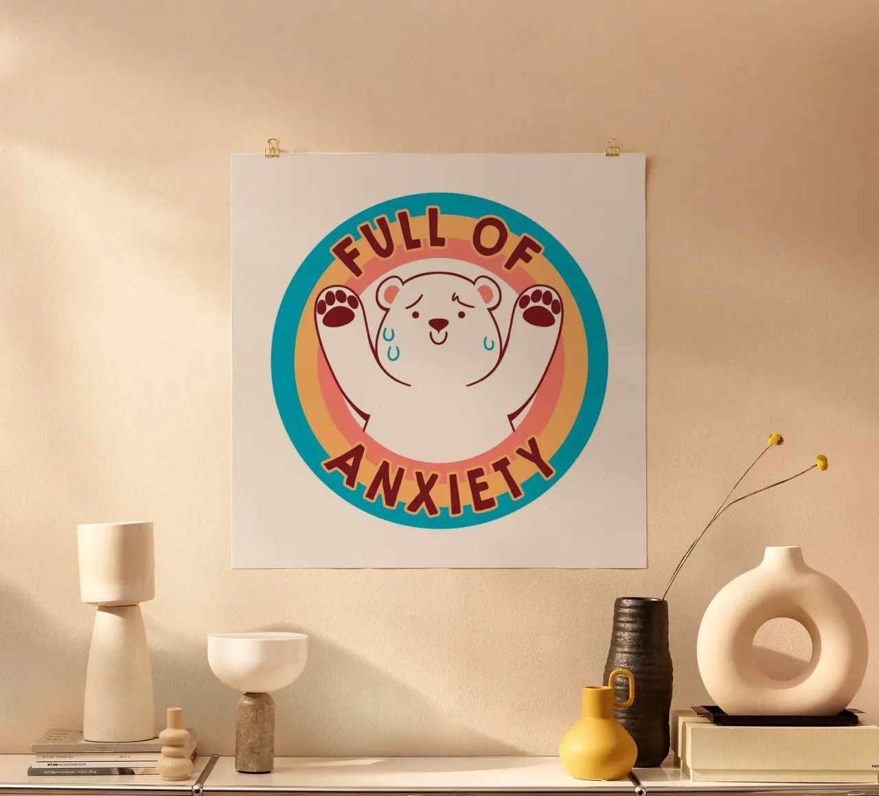 Full of Anxiety Rainbow Bear poster con telaio in legno da Tobe Fonseca