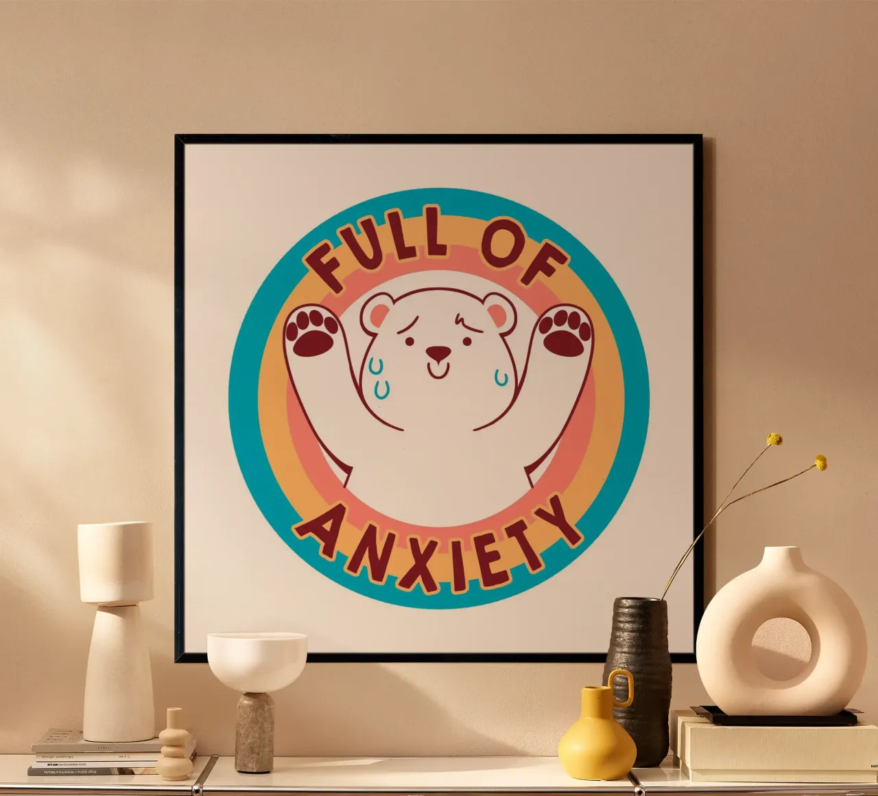 Full of Anxiety Rainbow Bear poster con telaio in legno da Tobe Fonseca