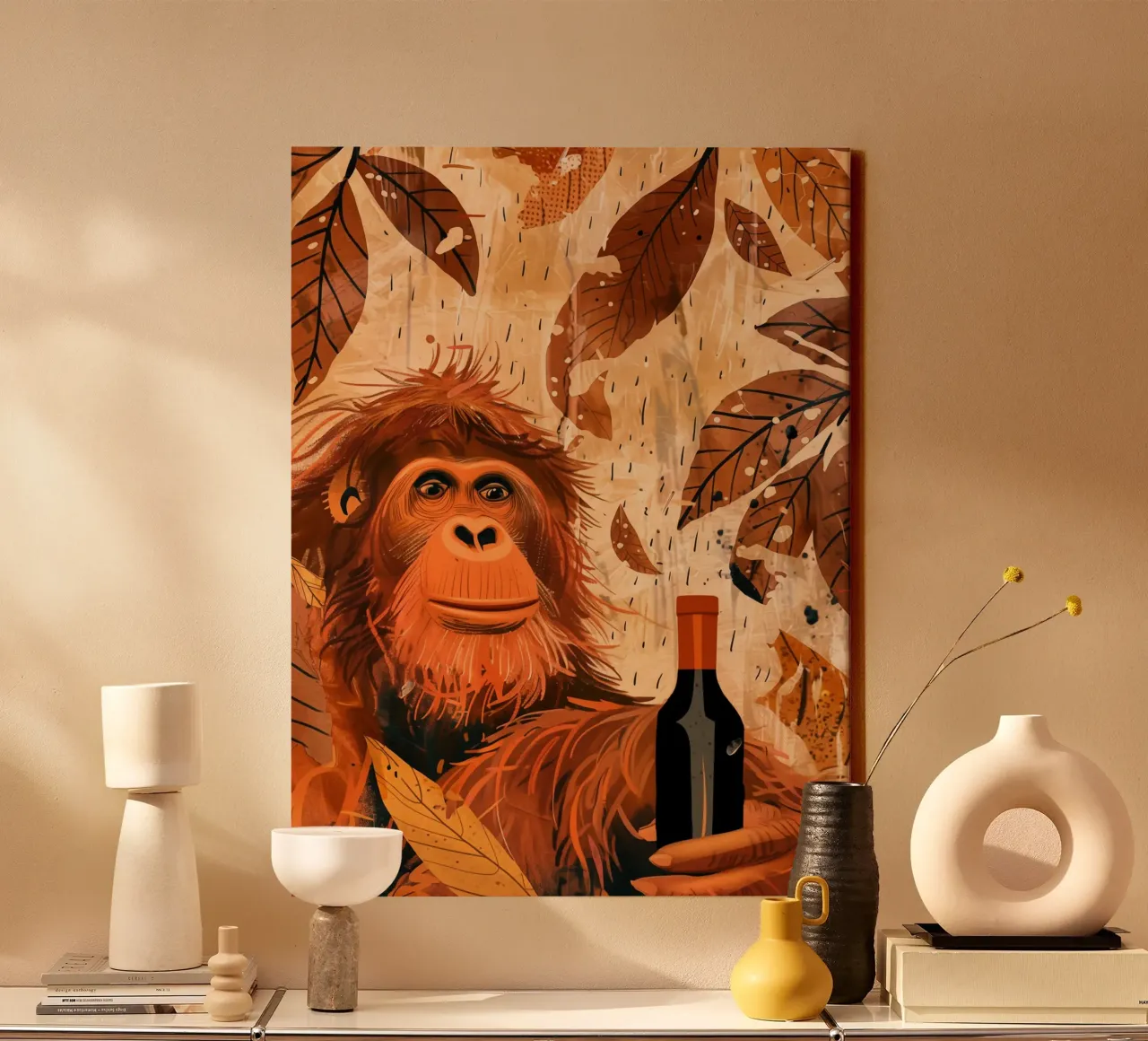 Happy in autumn | Monkey with red wine bottle canvas by Autofocus