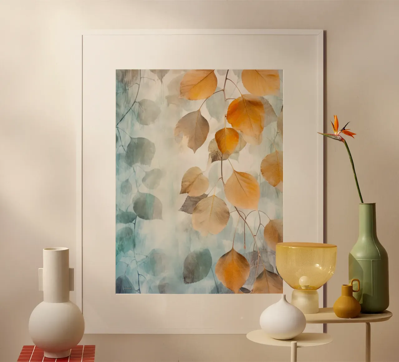 Foglie d'autunno acquerellate arte della natura poster con telaio in legno da Justyna Jaszke JBJart