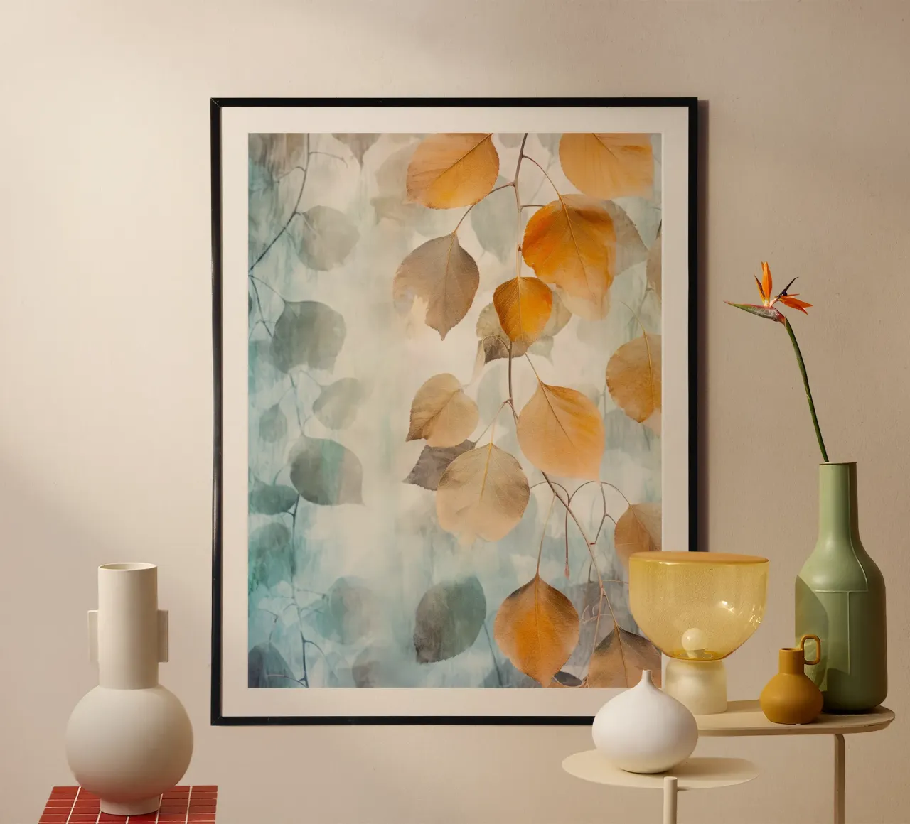 Foglie d'autunno acquerellate arte della natura poster con telaio in legno da Justyna Jaszke JBJart