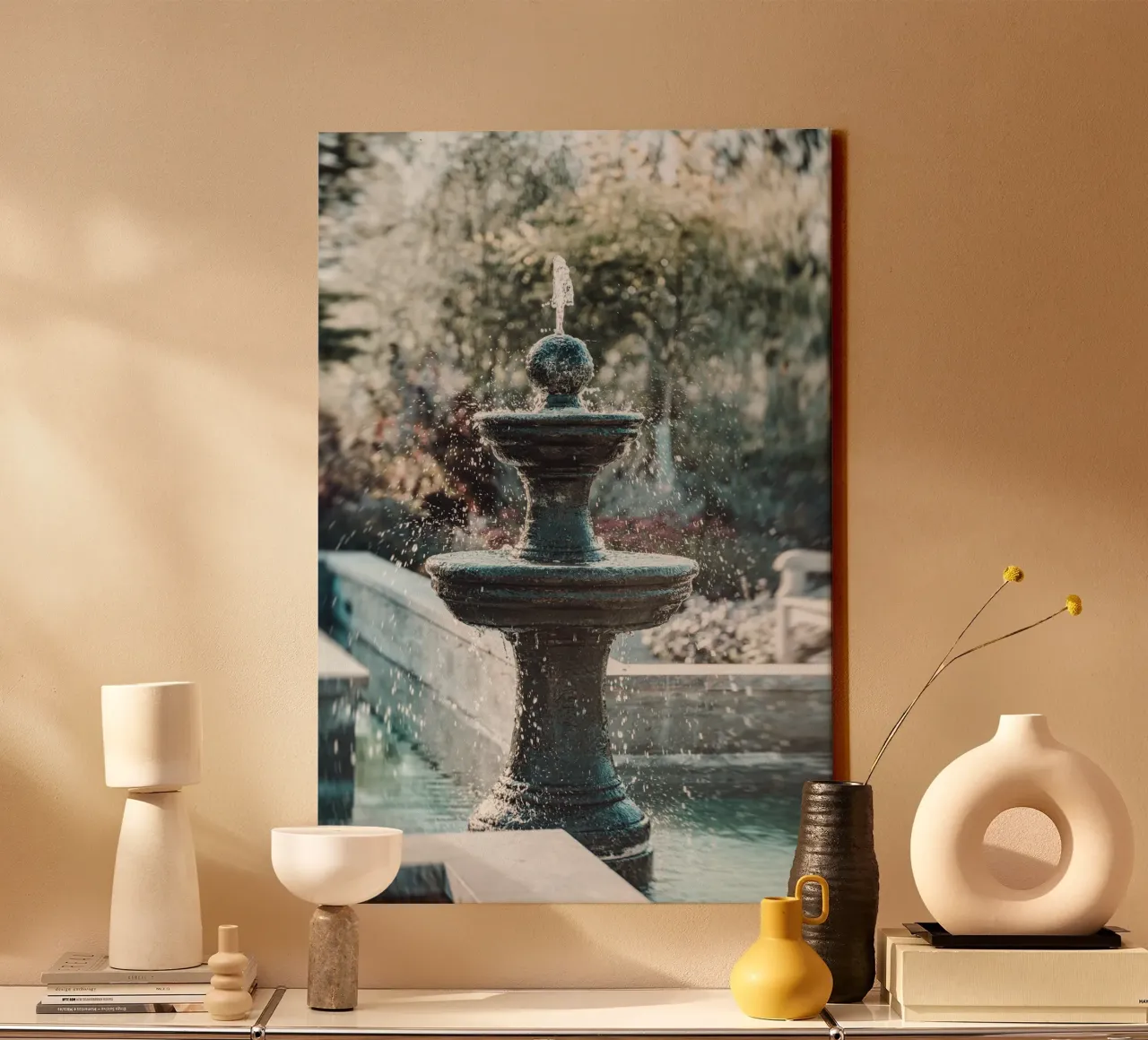 Fontein Ontspanningsoase canvas met Baklijst van Carinaprint