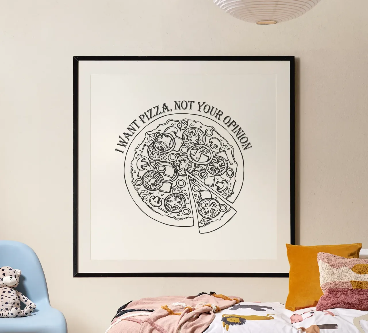 Want Pizza, Not Opinion poster con telaio in legno da amini54