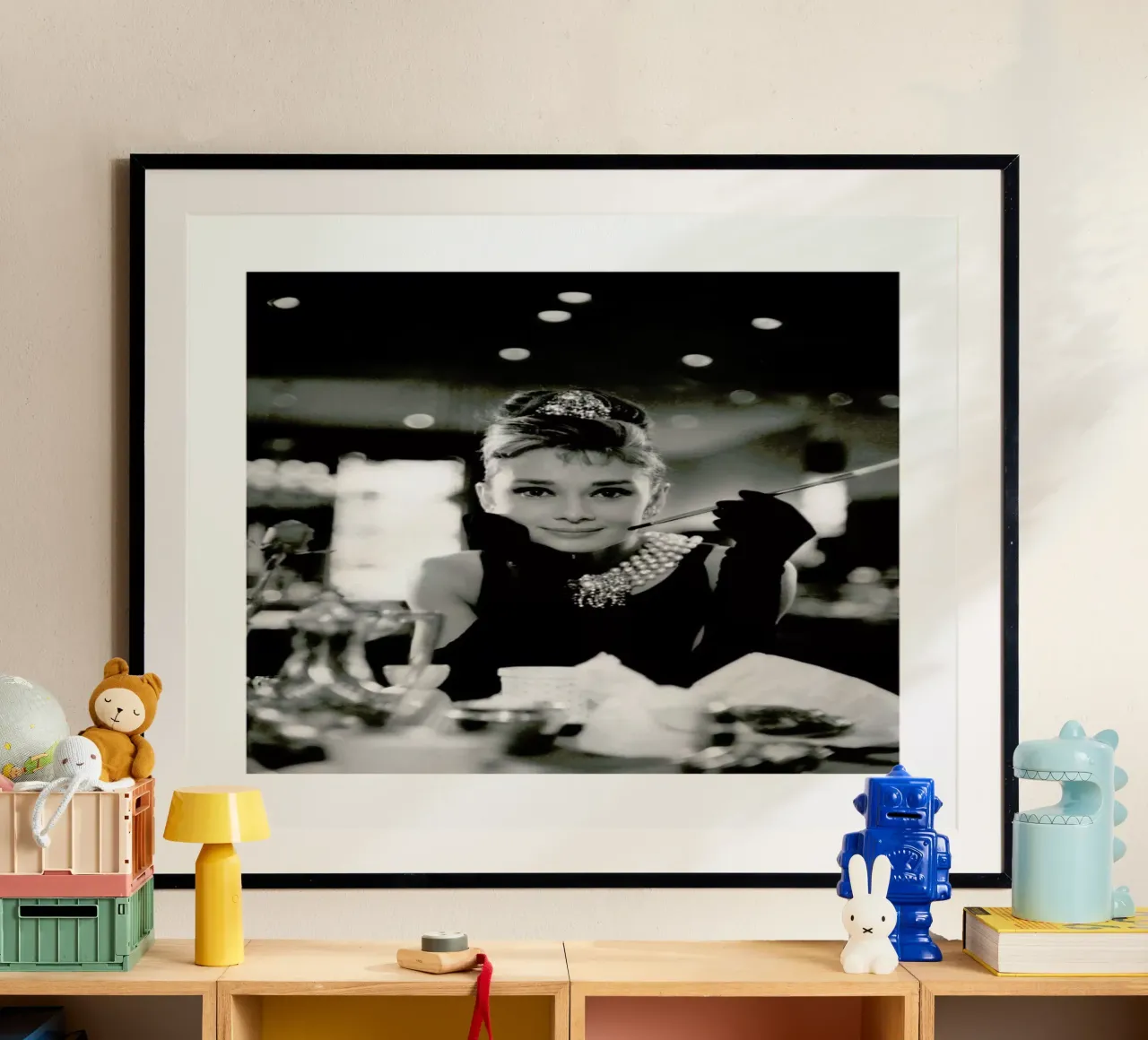Audrey Hepburn in Breakfast at Tiffany's, 1961 poster with aluminum frame by Gallery Print and Art Limited