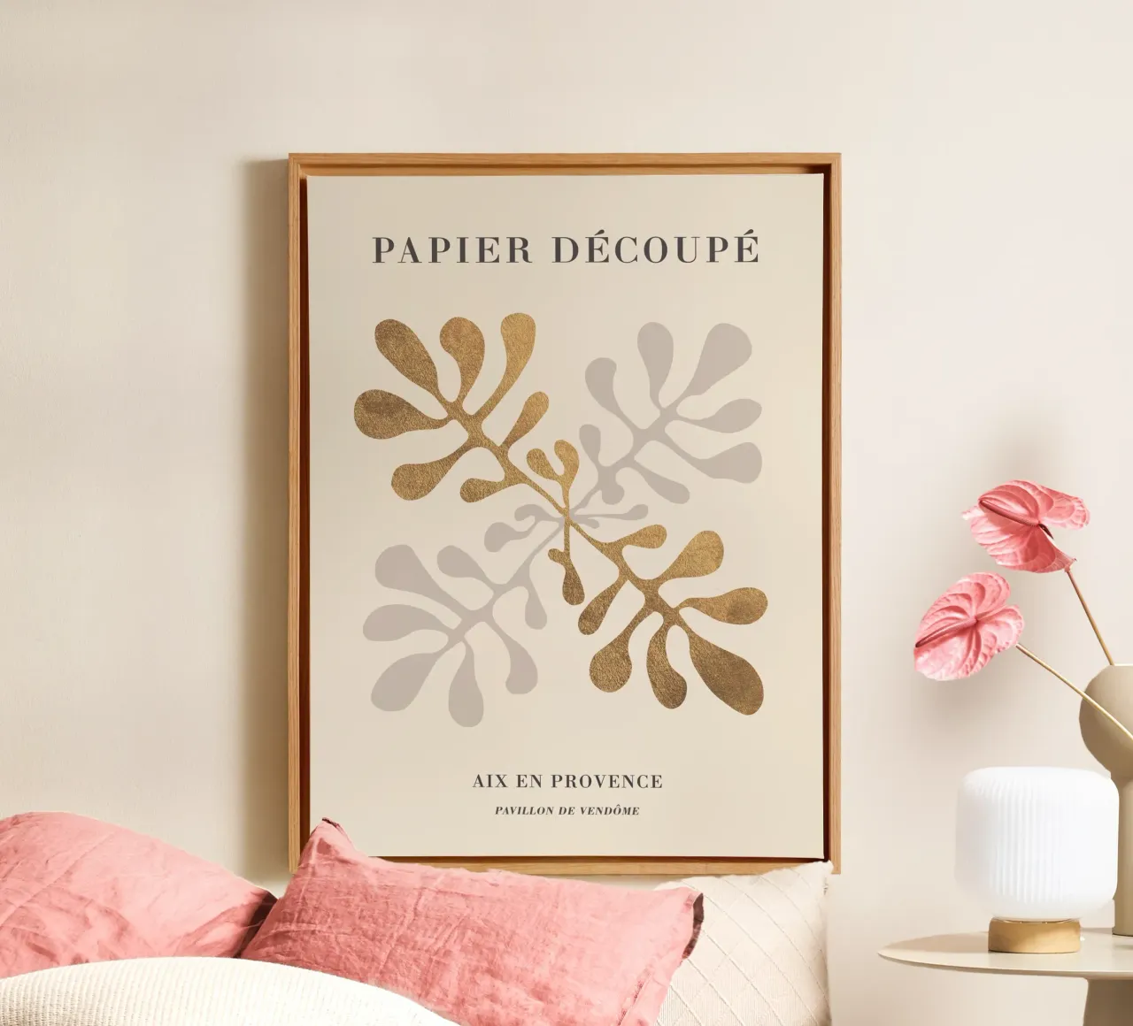 Golden paper cut-outs - abstract art for modern spaces canvas with Floater frame by Whole©