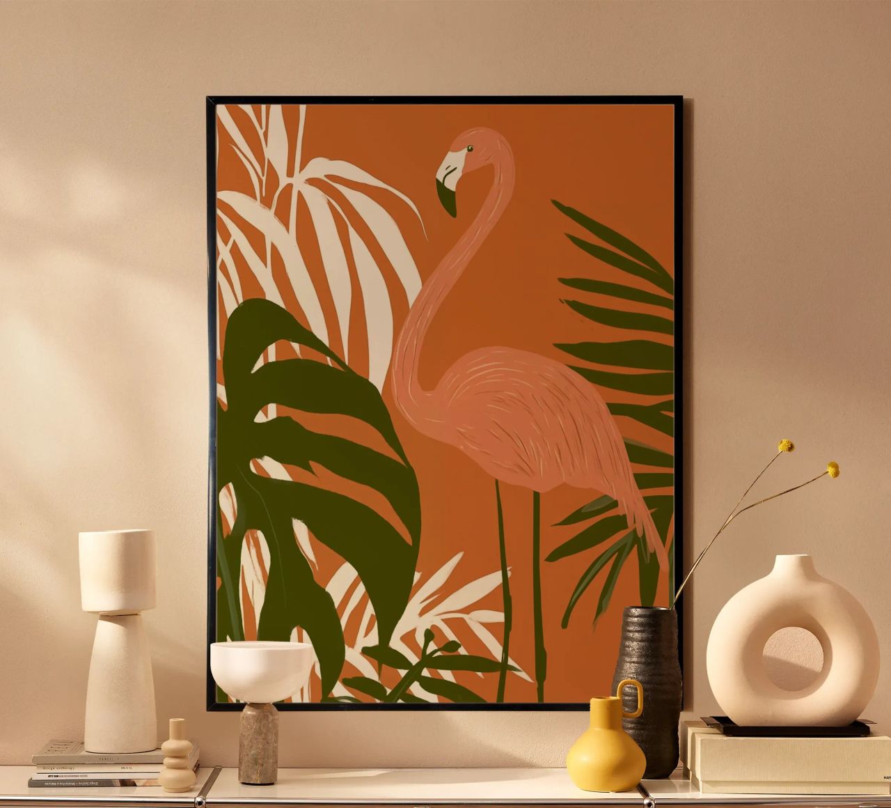 Bohemian Style Flamingo und Monstera Pflanzen Poster von Autofocus