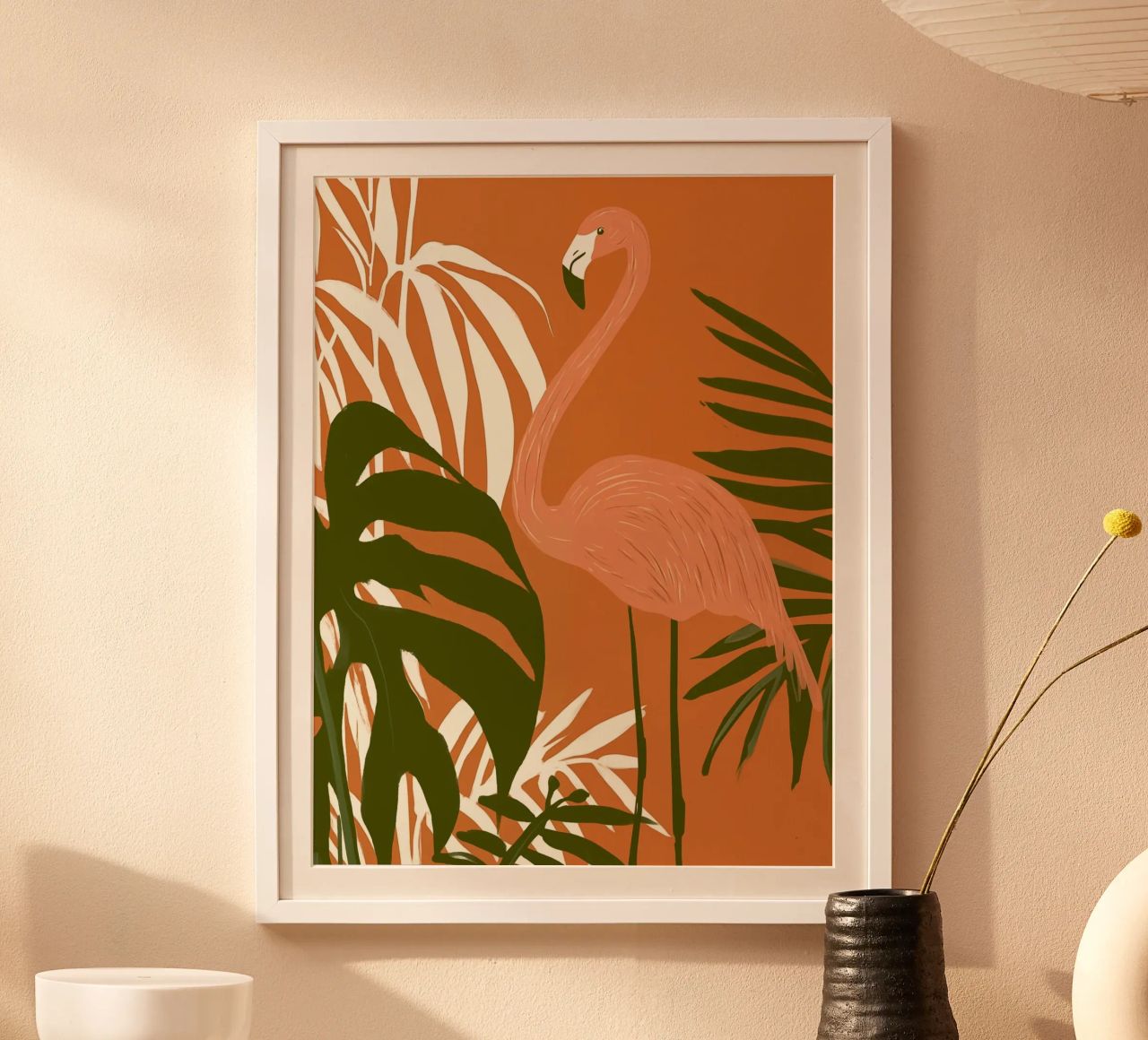 Bohemian Style Flamingo und Monstera Pflanzen Poster von Autofocus