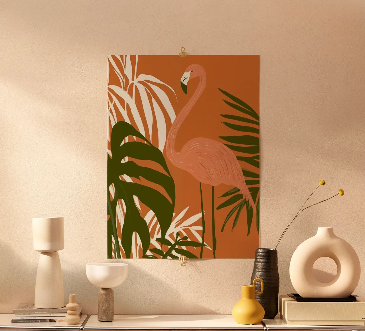 Bohemian Style Flamingo und Monstera Pflanzen Poster von Autofocus