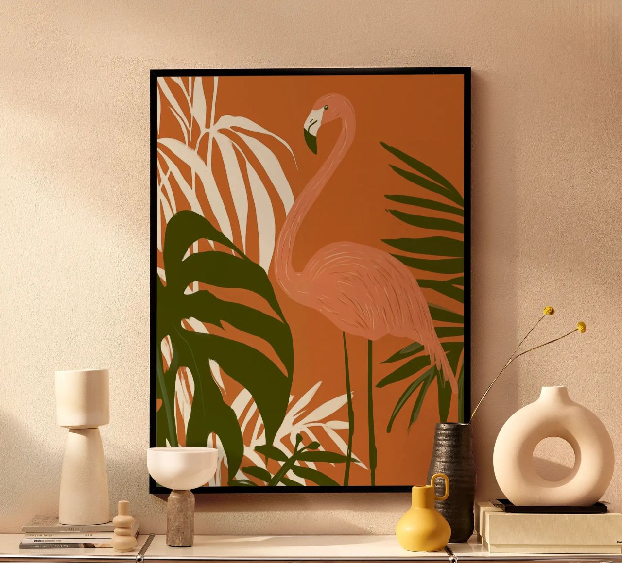 Bohemian Style Flamingo und Monstera Pflanzen Poster von Autofocus