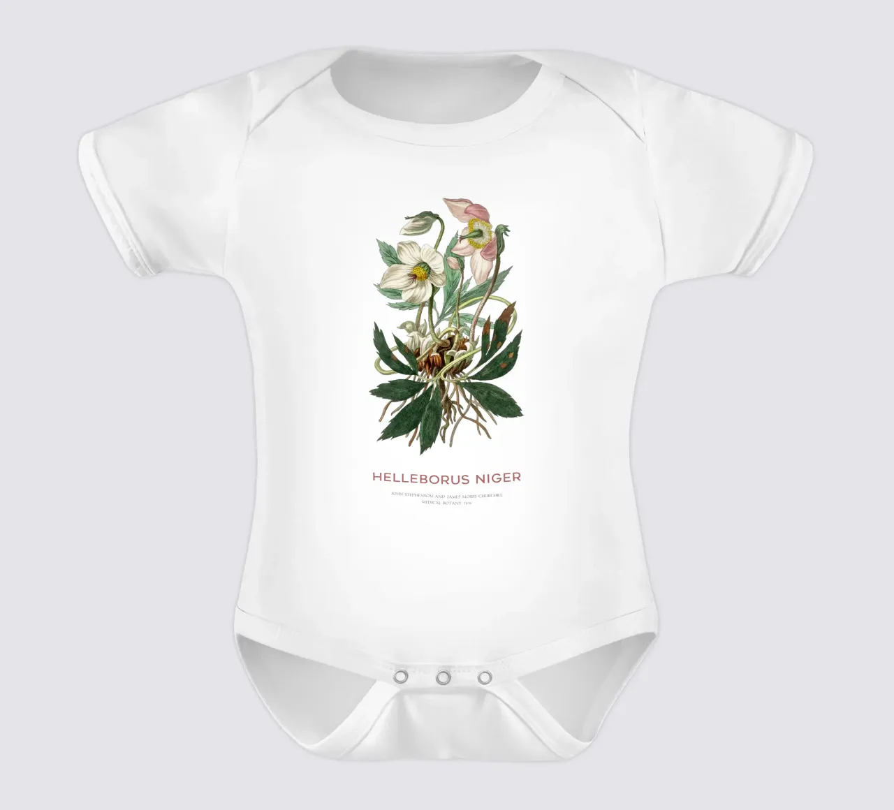 Kerstroos of zwarte nieskruid babyrompertje korte mouwen van Vintagrafica