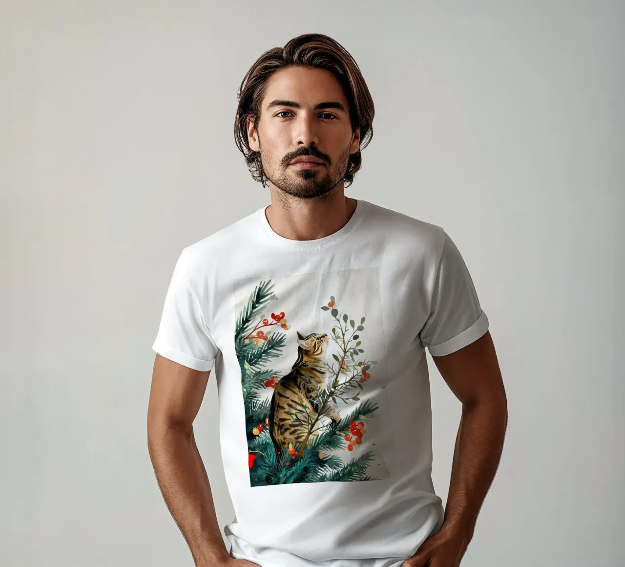 gatto sull'albero di Natale t-shirt da Justyna Jaszke JBJart