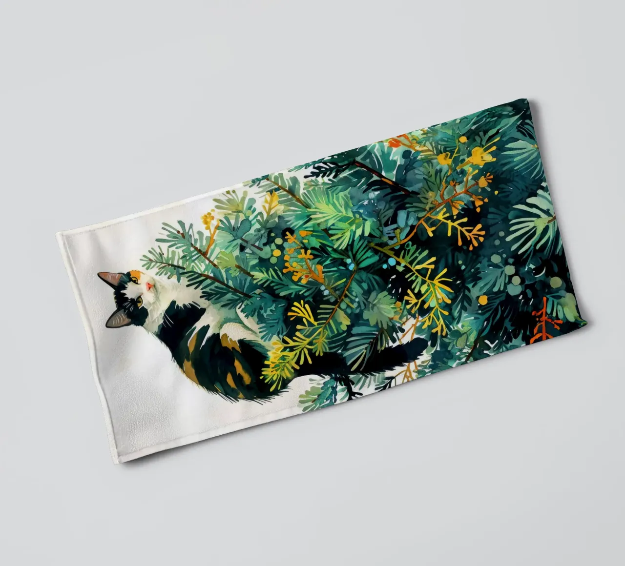 cat on a Christmas tree towel by Justyna Jaszke JBJart