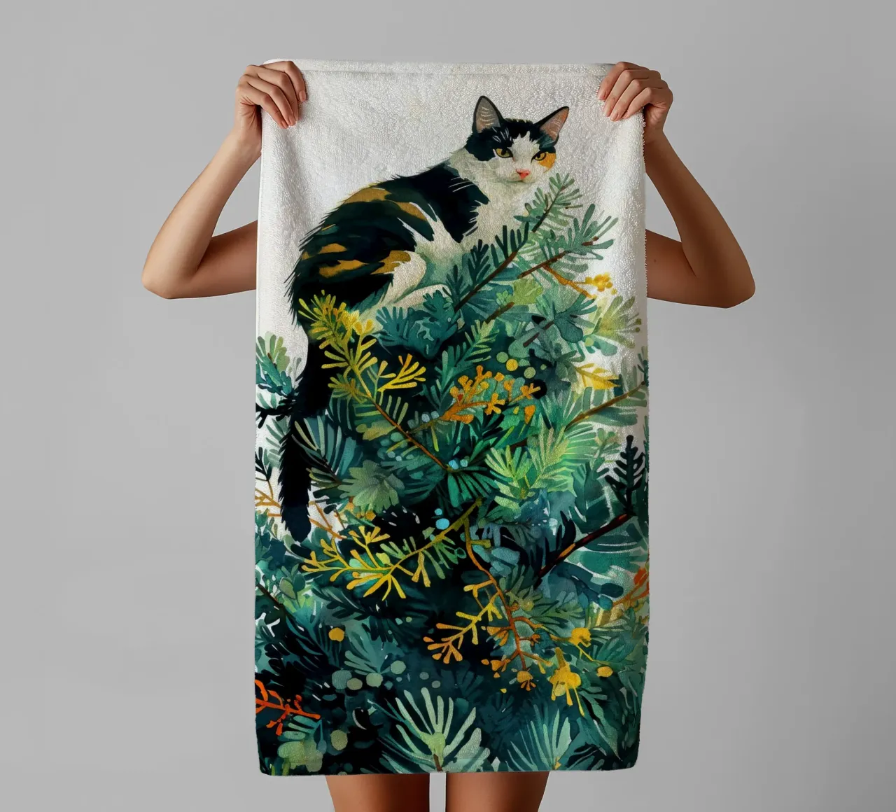 cat on a Christmas tree towel by Justyna Jaszke JBJart