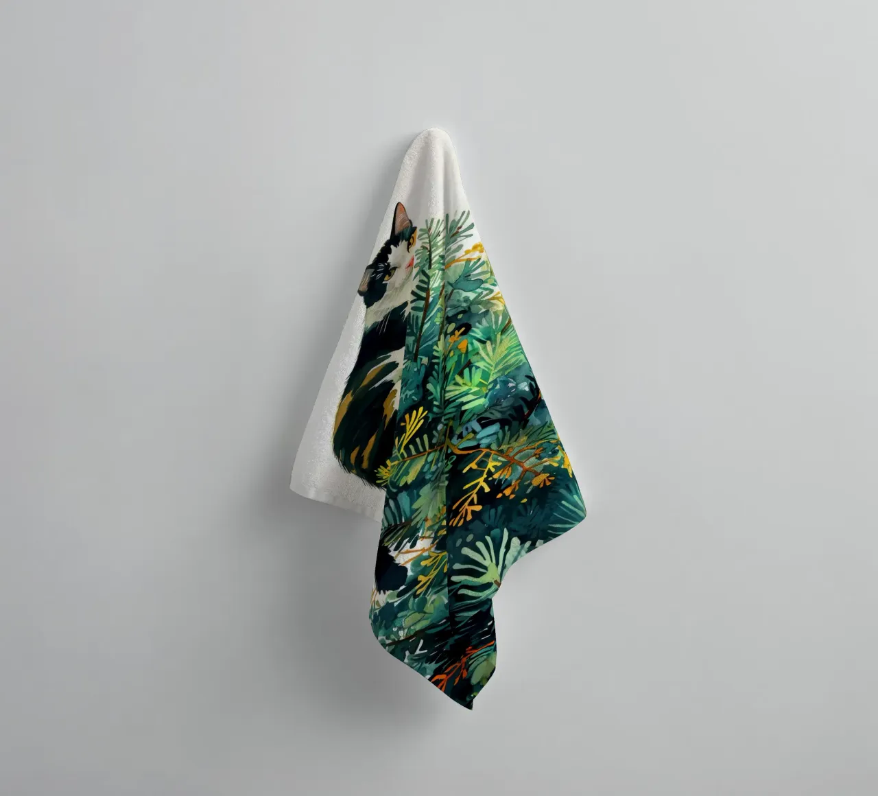cat on a Christmas tree towel by Justyna Jaszke JBJart