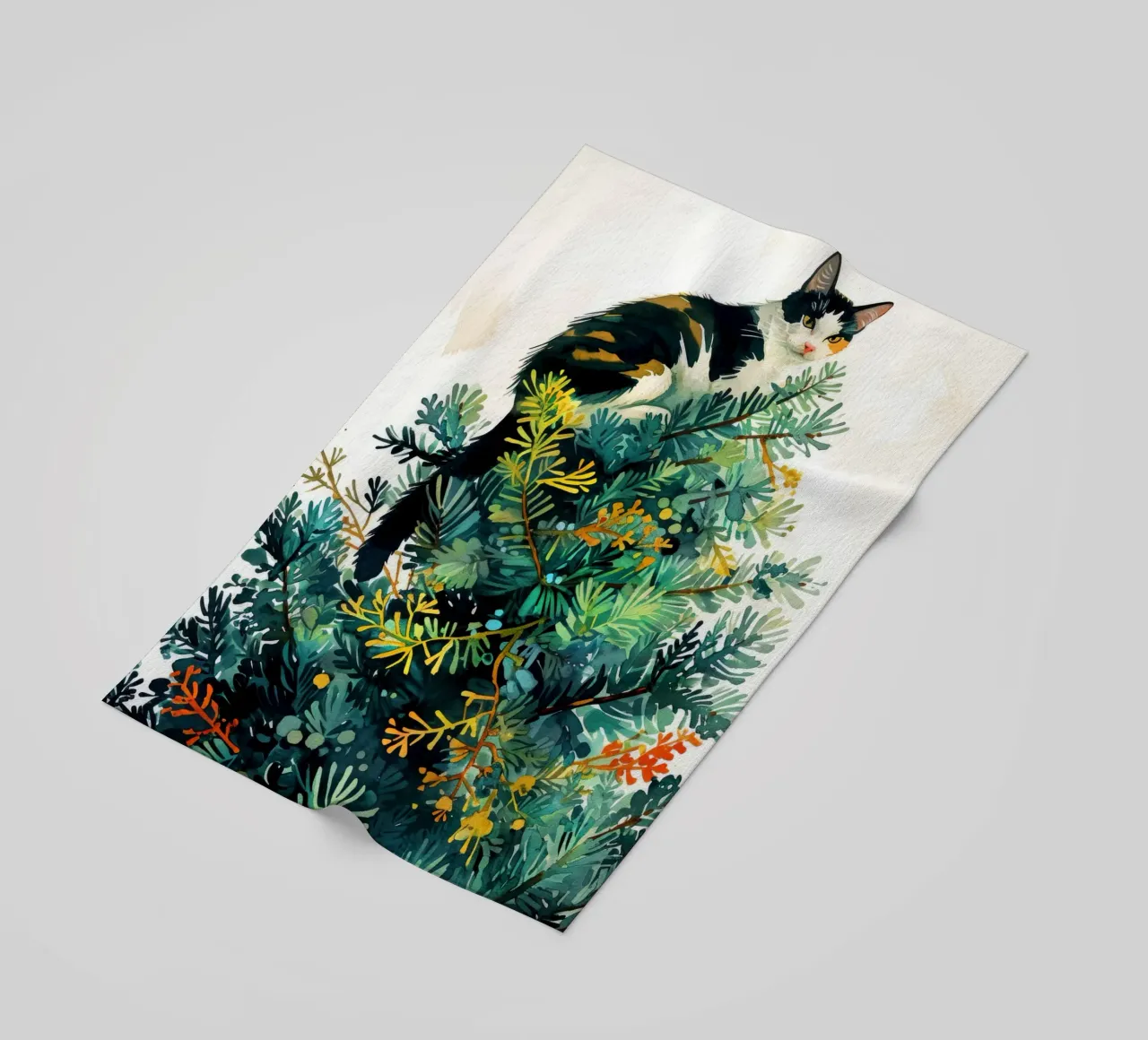 cat on a Christmas tree beach towel by Justyna Jaszke JBJart