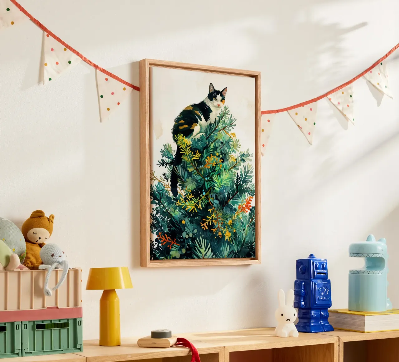 cat on a Christmas tree canvas with Floater frame by Justyna Jaszke JBJart