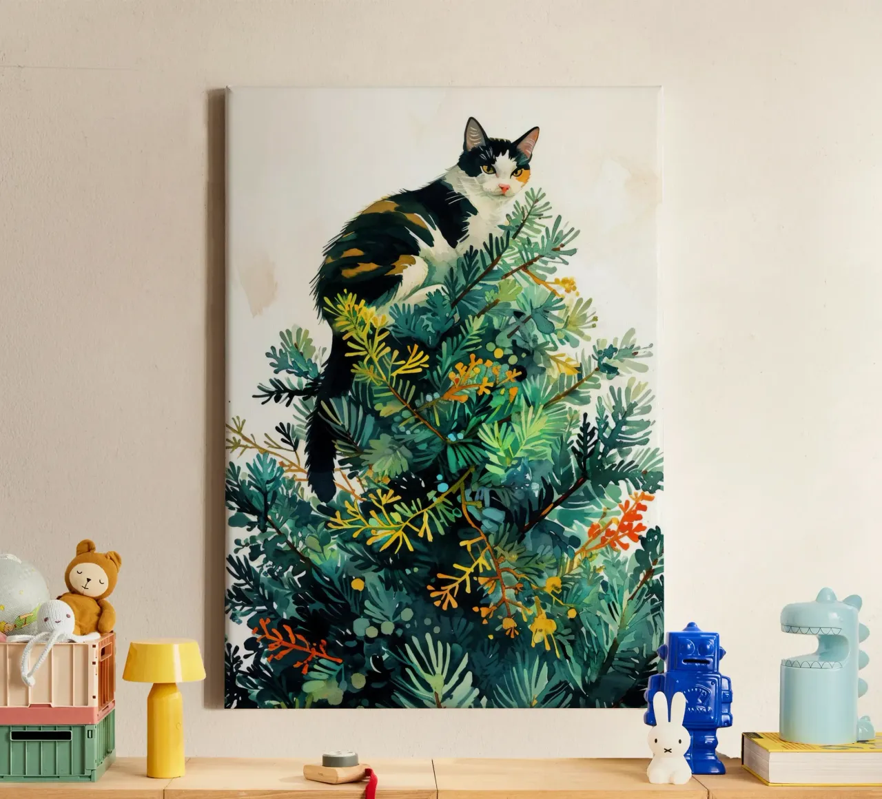 cat on a Christmas tree canvas with Floater frame by Justyna Jaszke JBJart