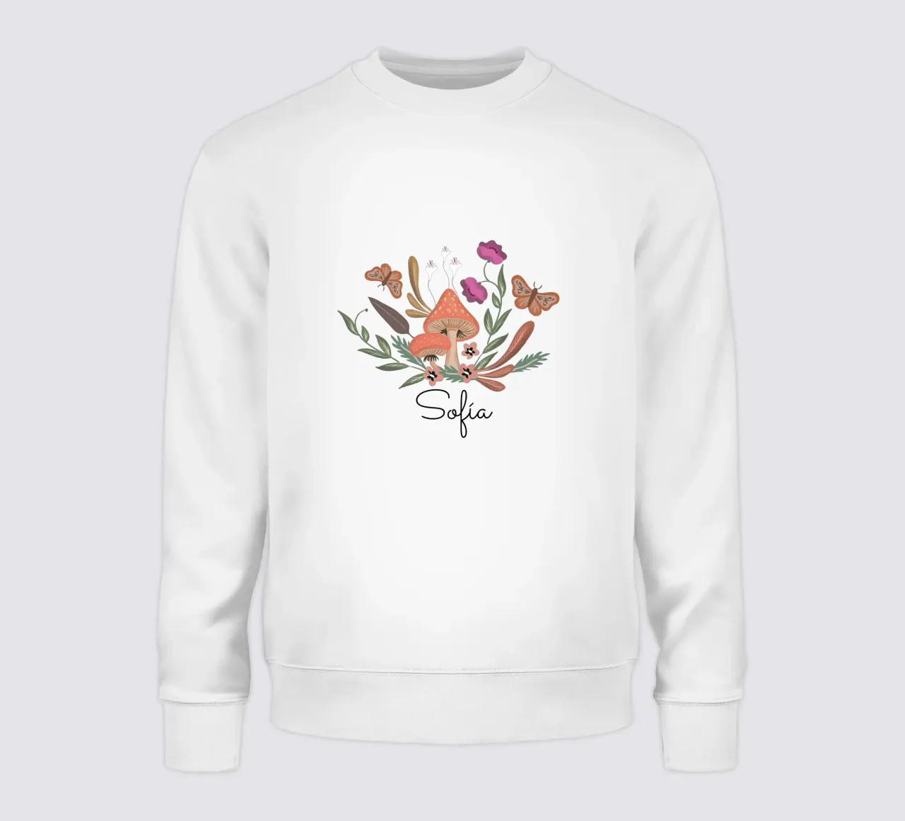 Red Mushrooms and Butterflies with Name sweatshirt by anisillustration