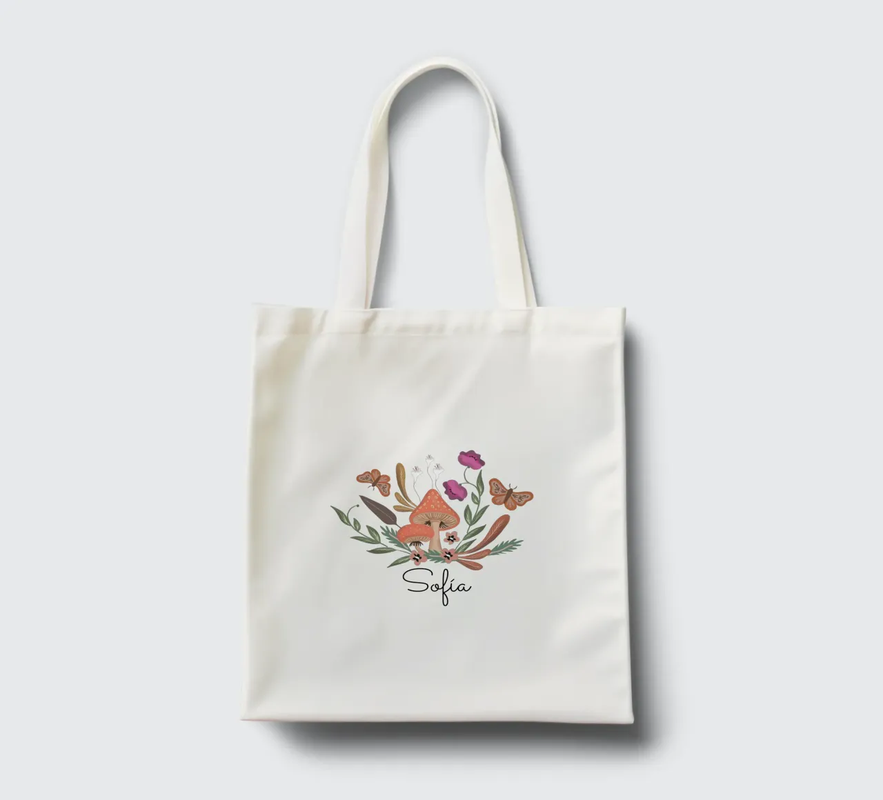 Red Mushrooms and Butterflies with Name borsa in juta da anisillustration