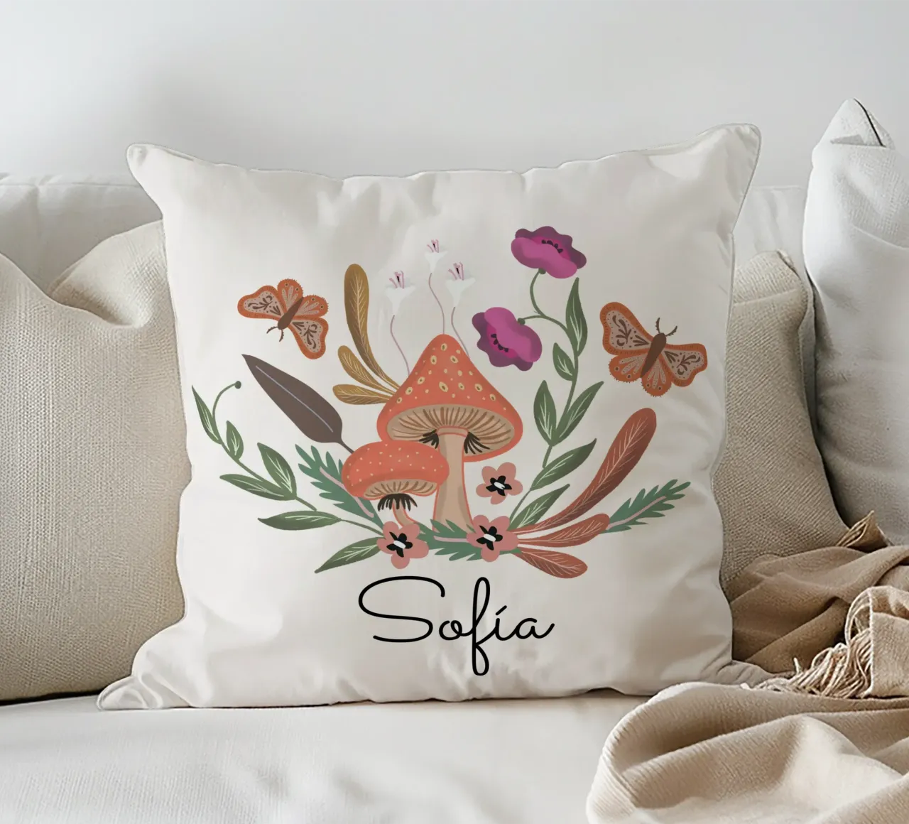 Red Mushrooms and Butterflies with Name cuscino da anisillustration