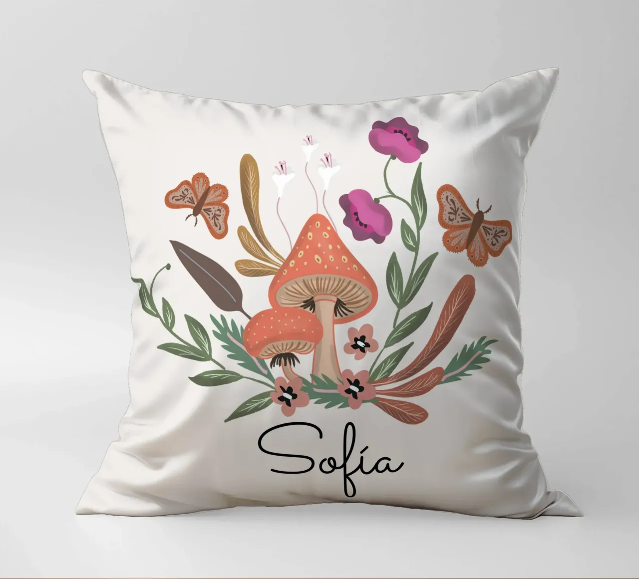 Red Mushrooms and Butterflies with Name cuscino da anisillustration