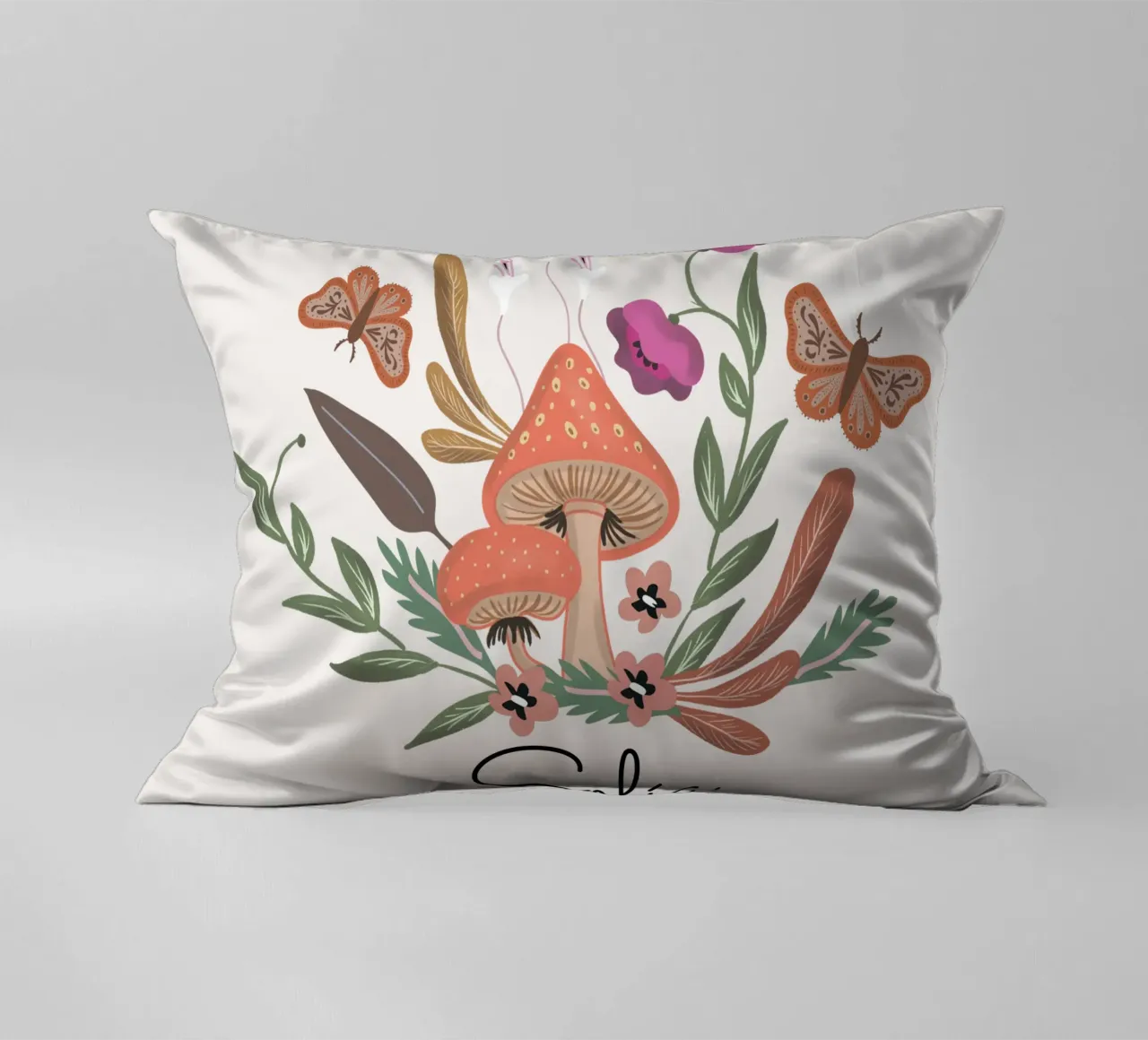 Red Mushrooms and Butterflies with Name cuscino da anisillustration