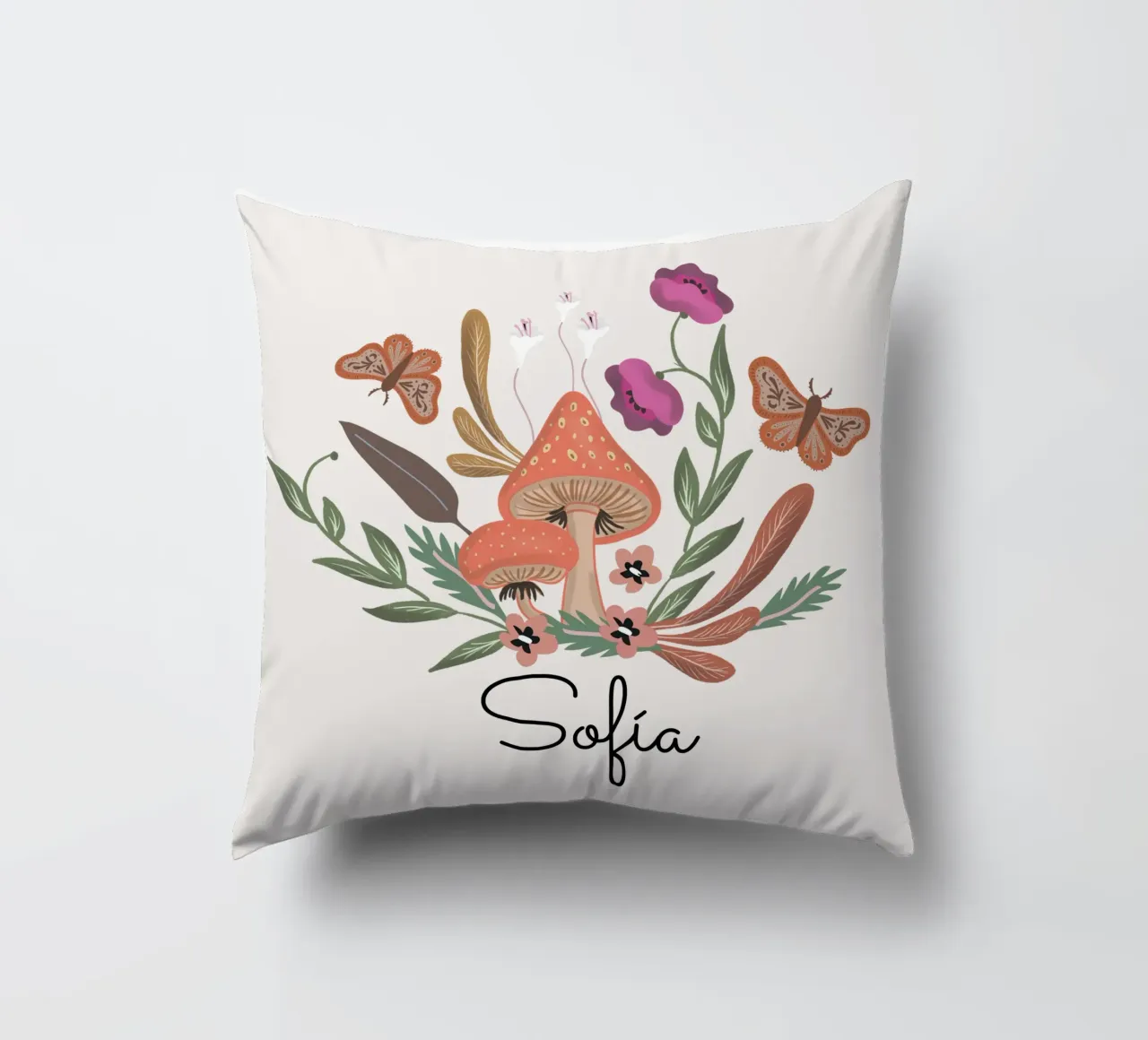 Red Mushrooms and Butterflies with Name cuscino da anisillustration