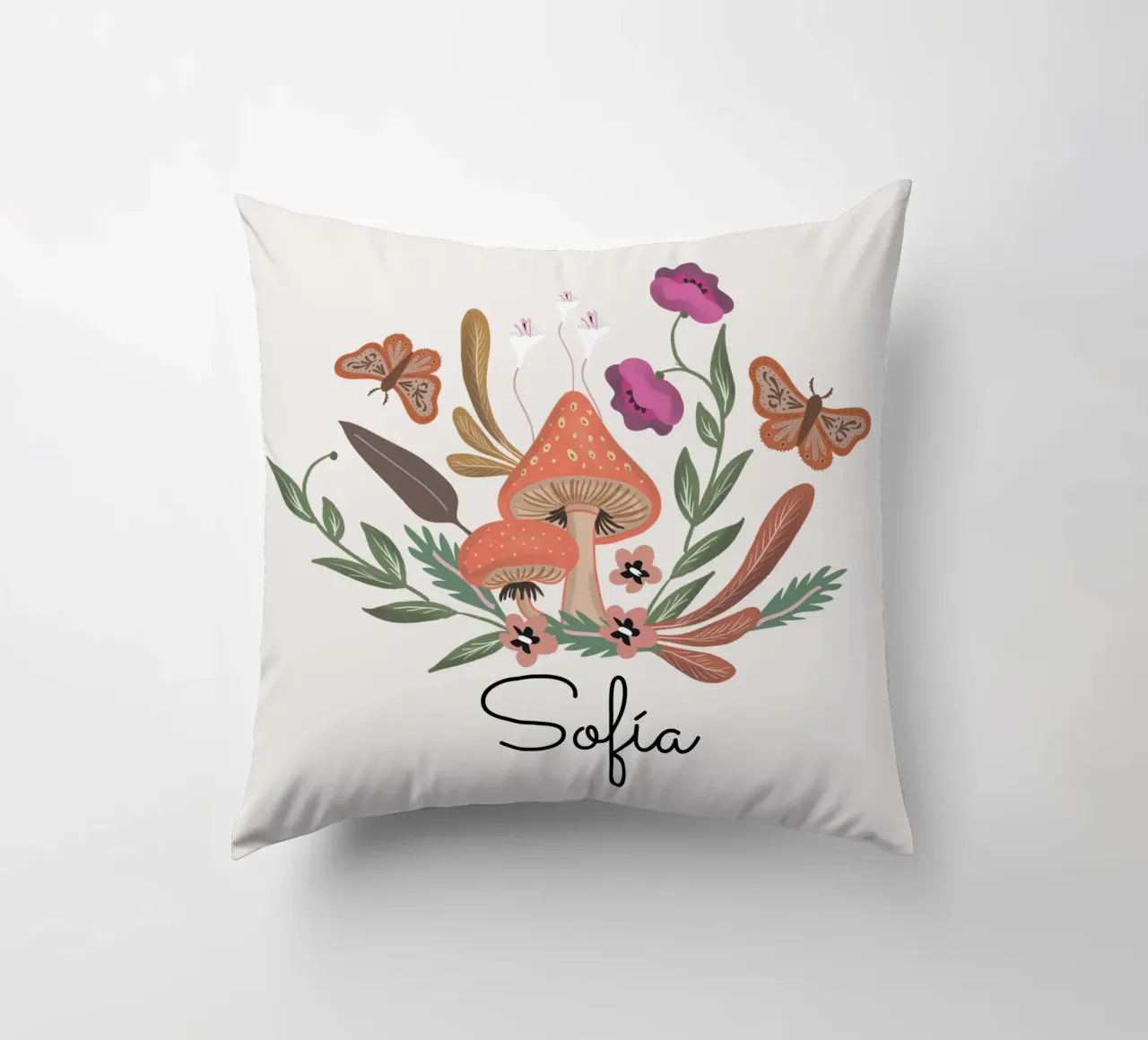 Red Mushrooms and Butterflies with Name cuscino da anisillustration