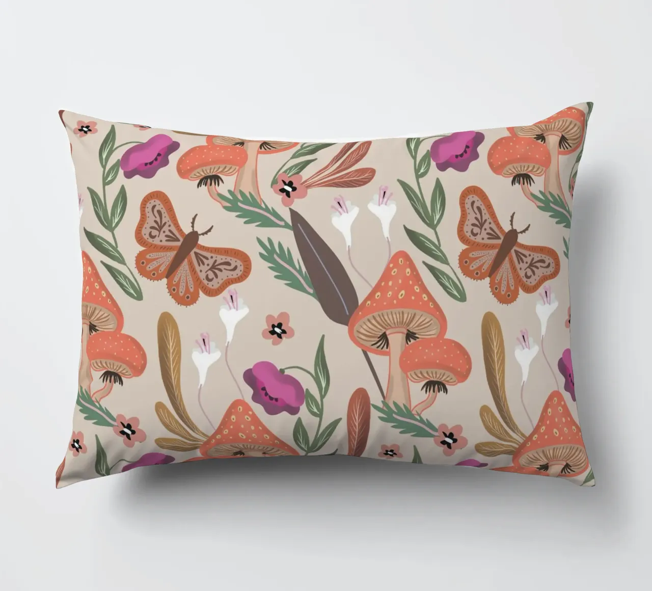 Red Mushrooms Autumn Pattern cuscino da anisillustration
