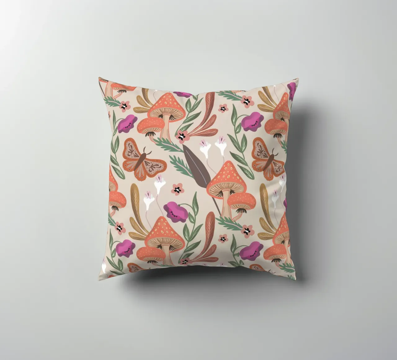 Red Mushrooms Autumn Pattern cuscino da anisillustration