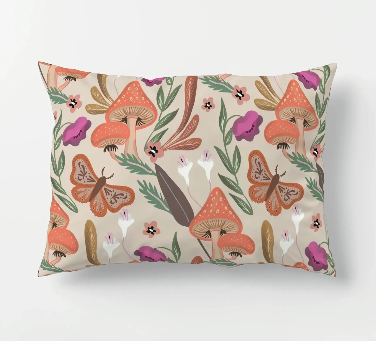 Red Mushrooms and Butterflies with Name cuscino da anisillustration