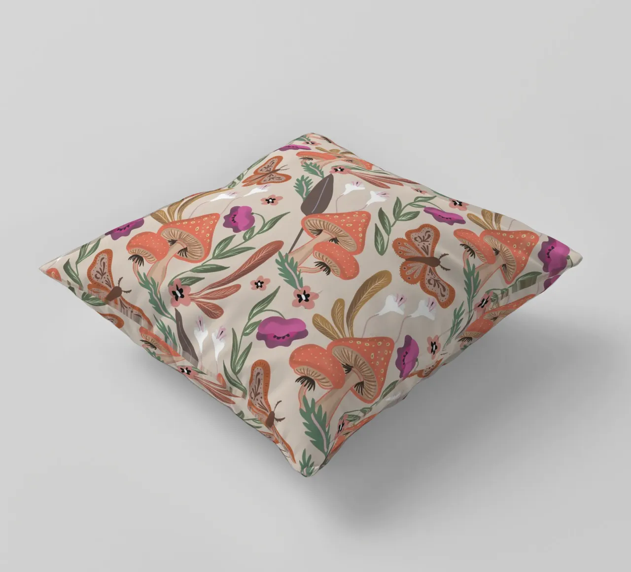 Red Mushrooms Autumn Pattern cuscino da anisillustration