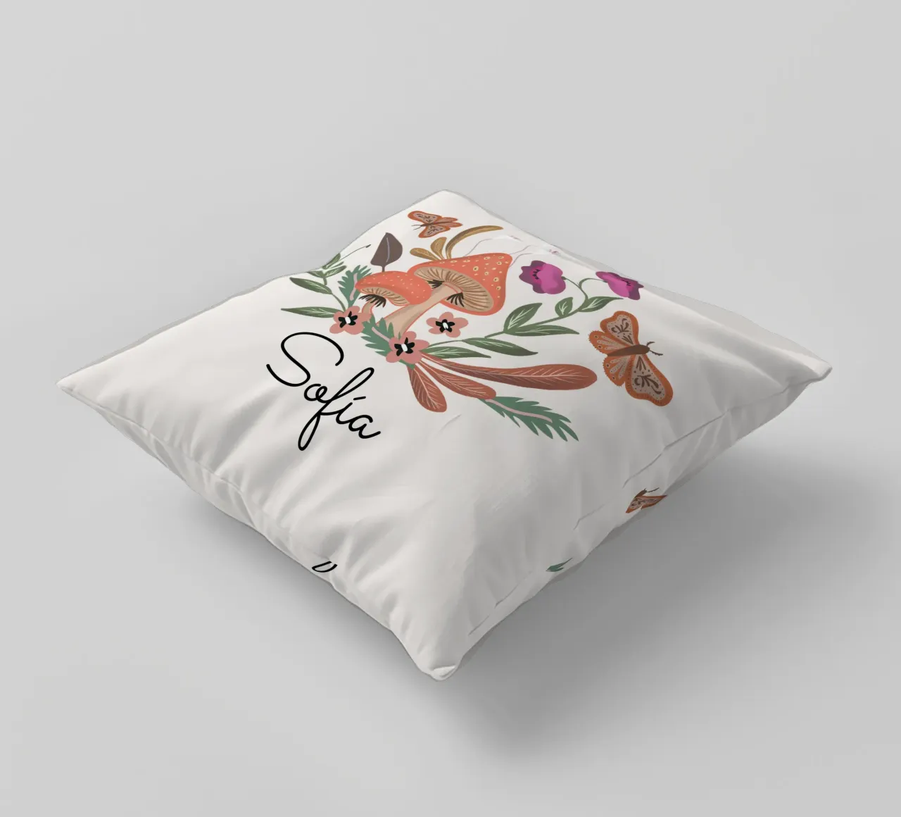 Red Mushrooms and Butterflies with Name cuscino da anisillustration