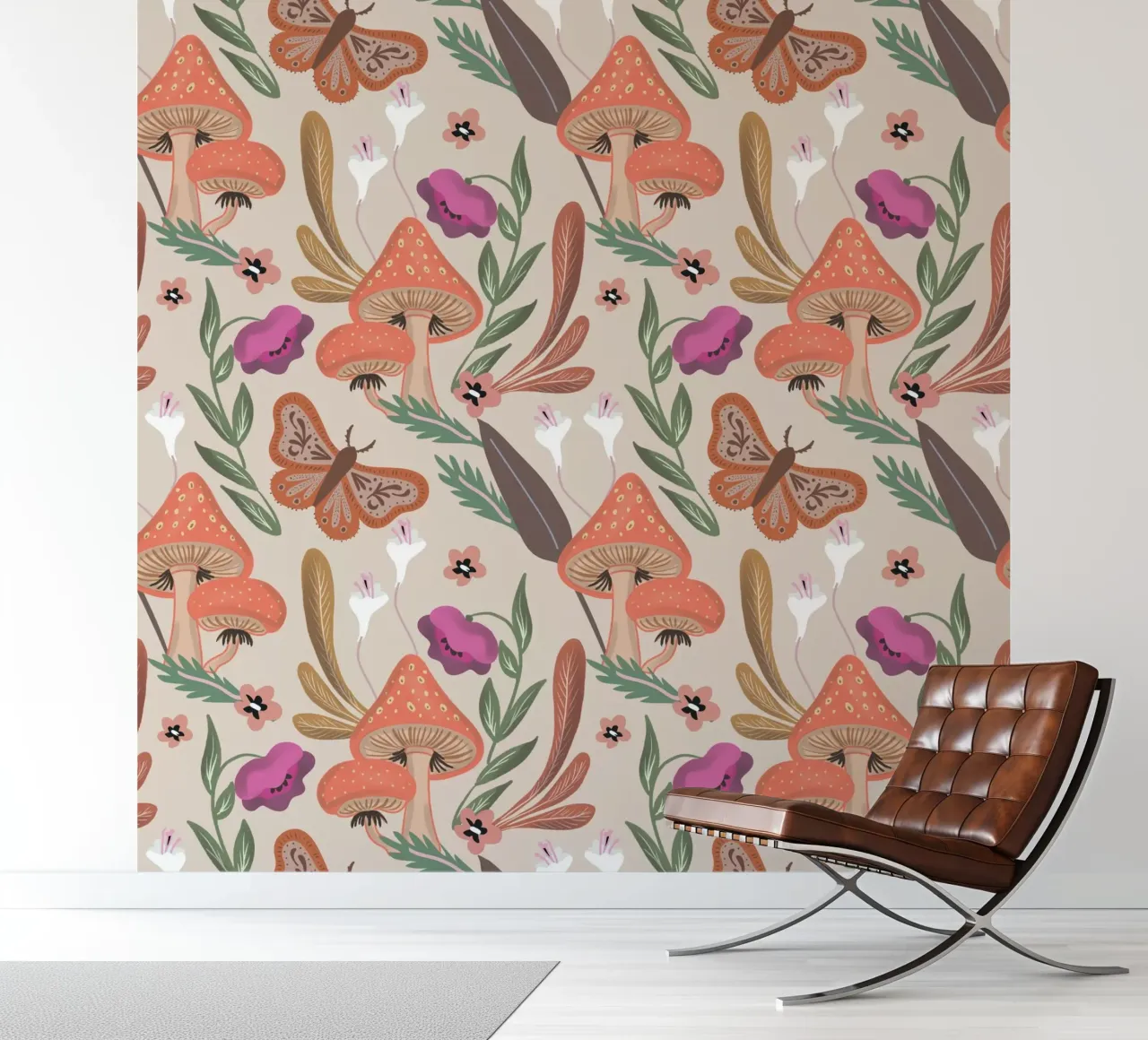 Red Mushrooms Autumn Pattern Fototapete von anisillustration