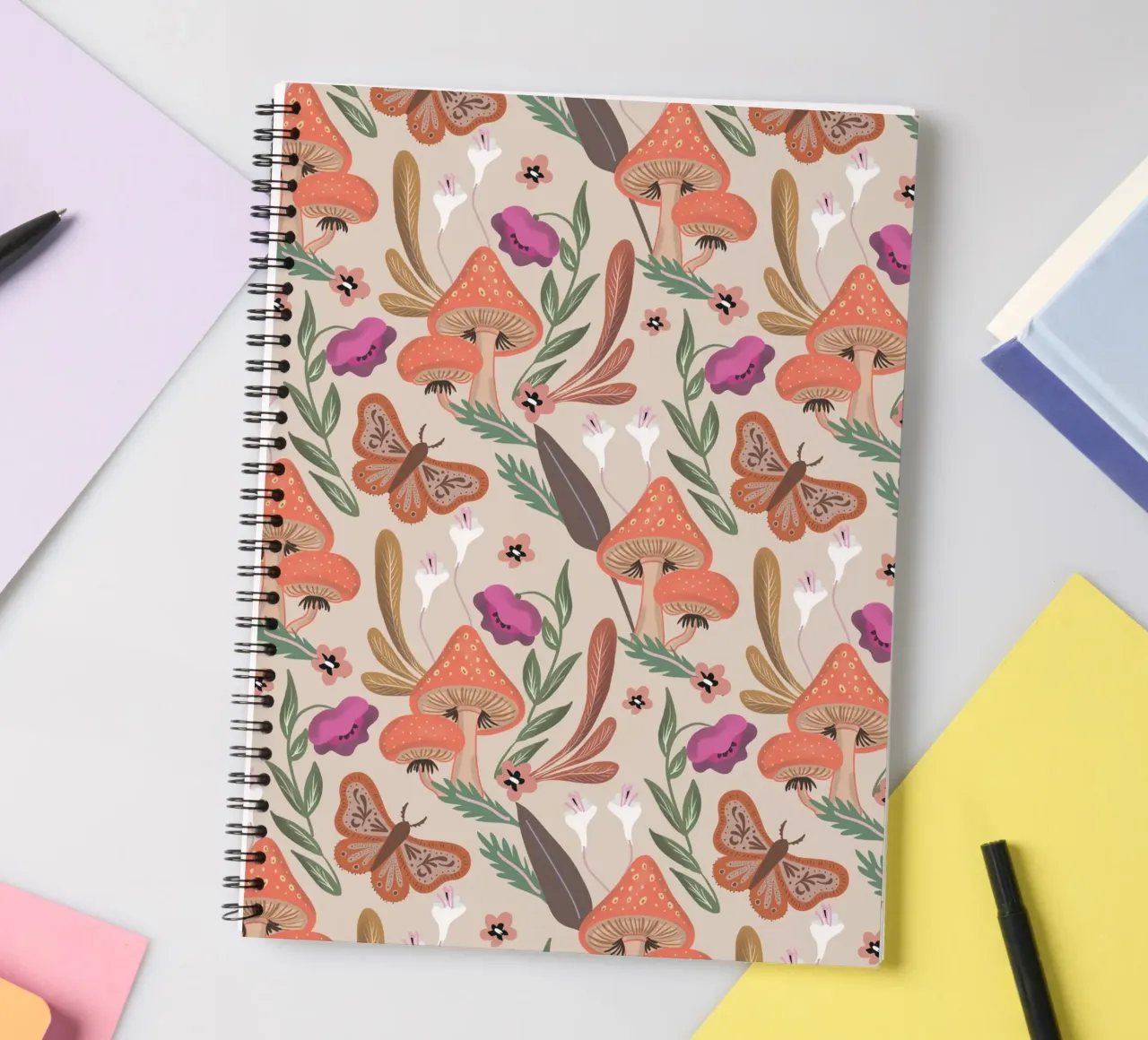 Red Mushrooms Autumn Pattern spiral notebook by anisillustration