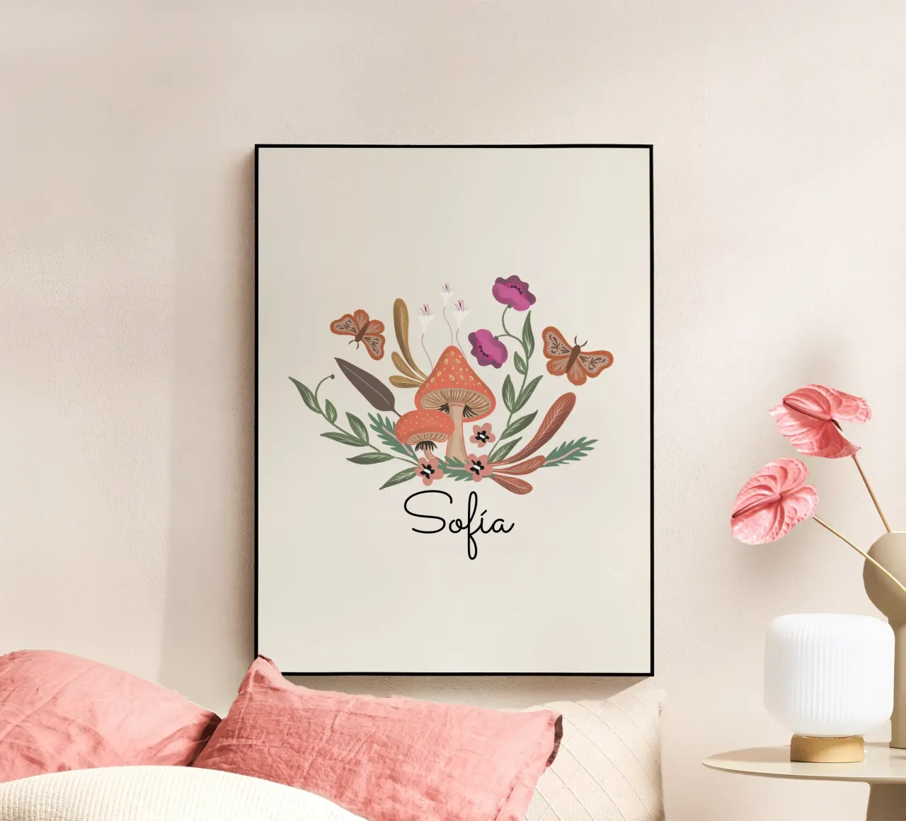 Red Mushrooms and Butterflies with Name plexiglass da anisillustration