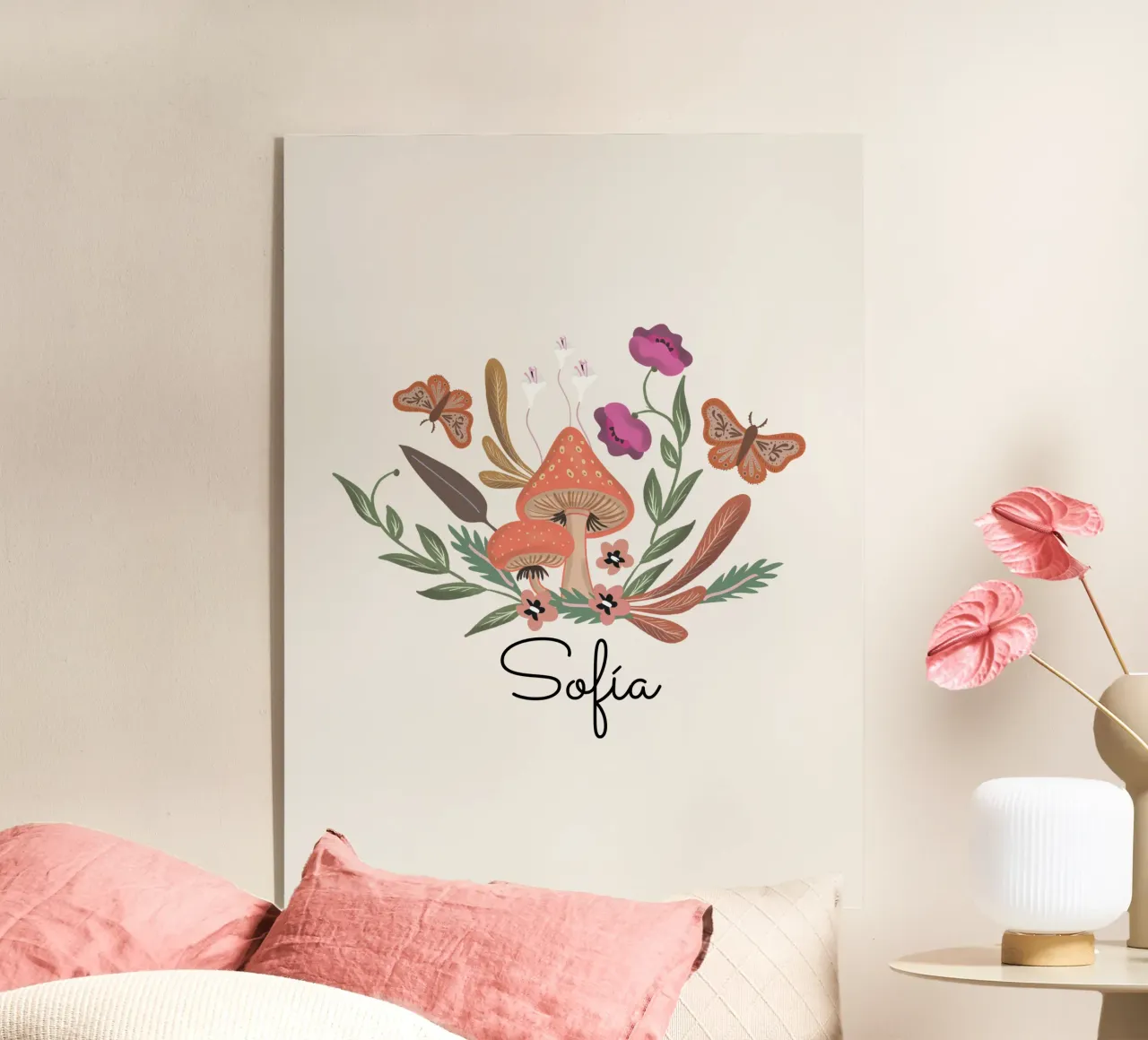 Red Mushrooms and Butterflies with Name plexiglass da anisillustration