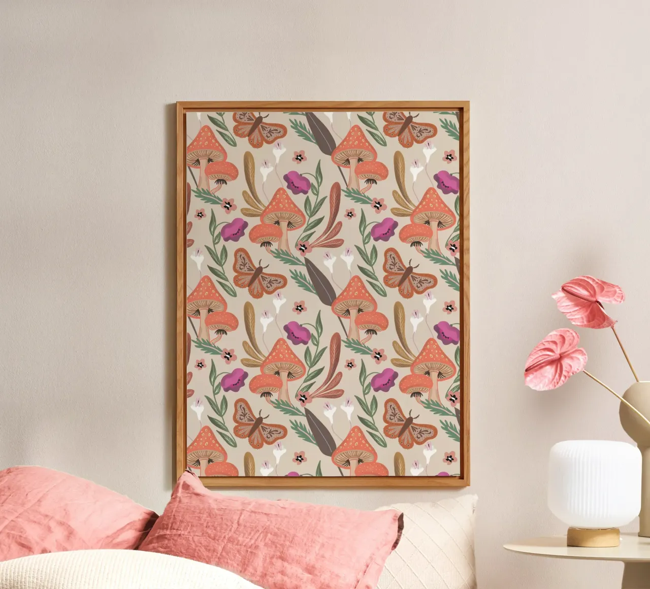 Red Mushrooms Autumn Pattern pannello forex da anisillustration