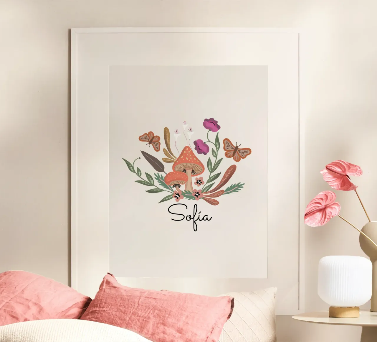 Red Mushrooms and Butterflies with Name carta hahnemühle da anisillustration