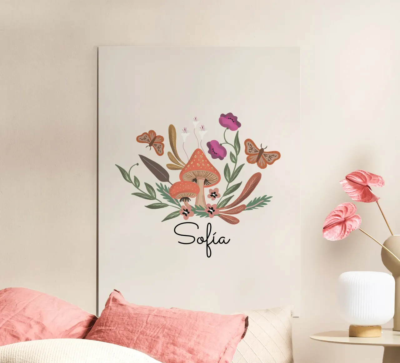 Red Mushrooms and Butterflies with Name carta hahnemühle da anisillustration