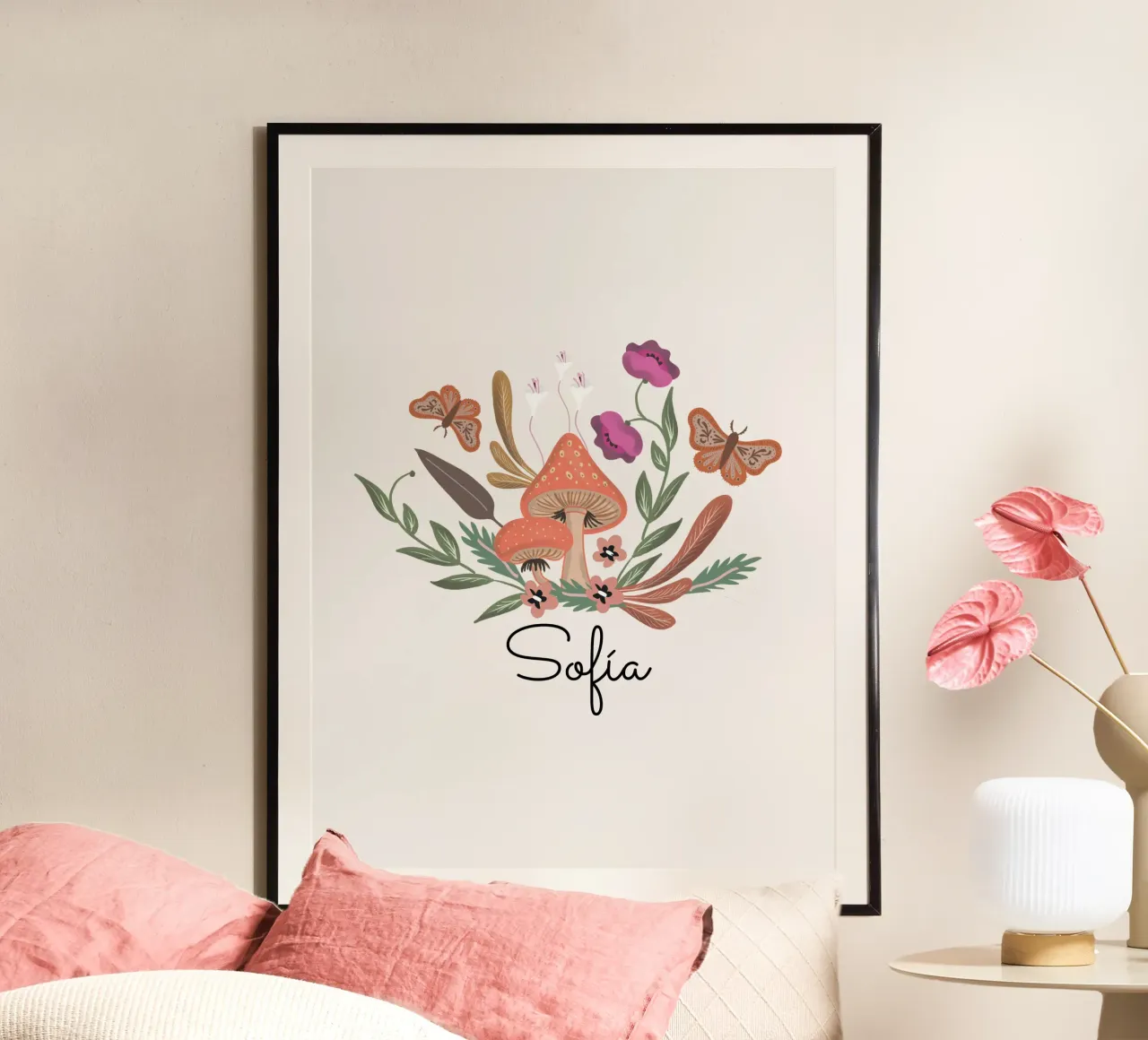 Red Mushrooms and Butterflies with Name carta hahnemühle da anisillustration