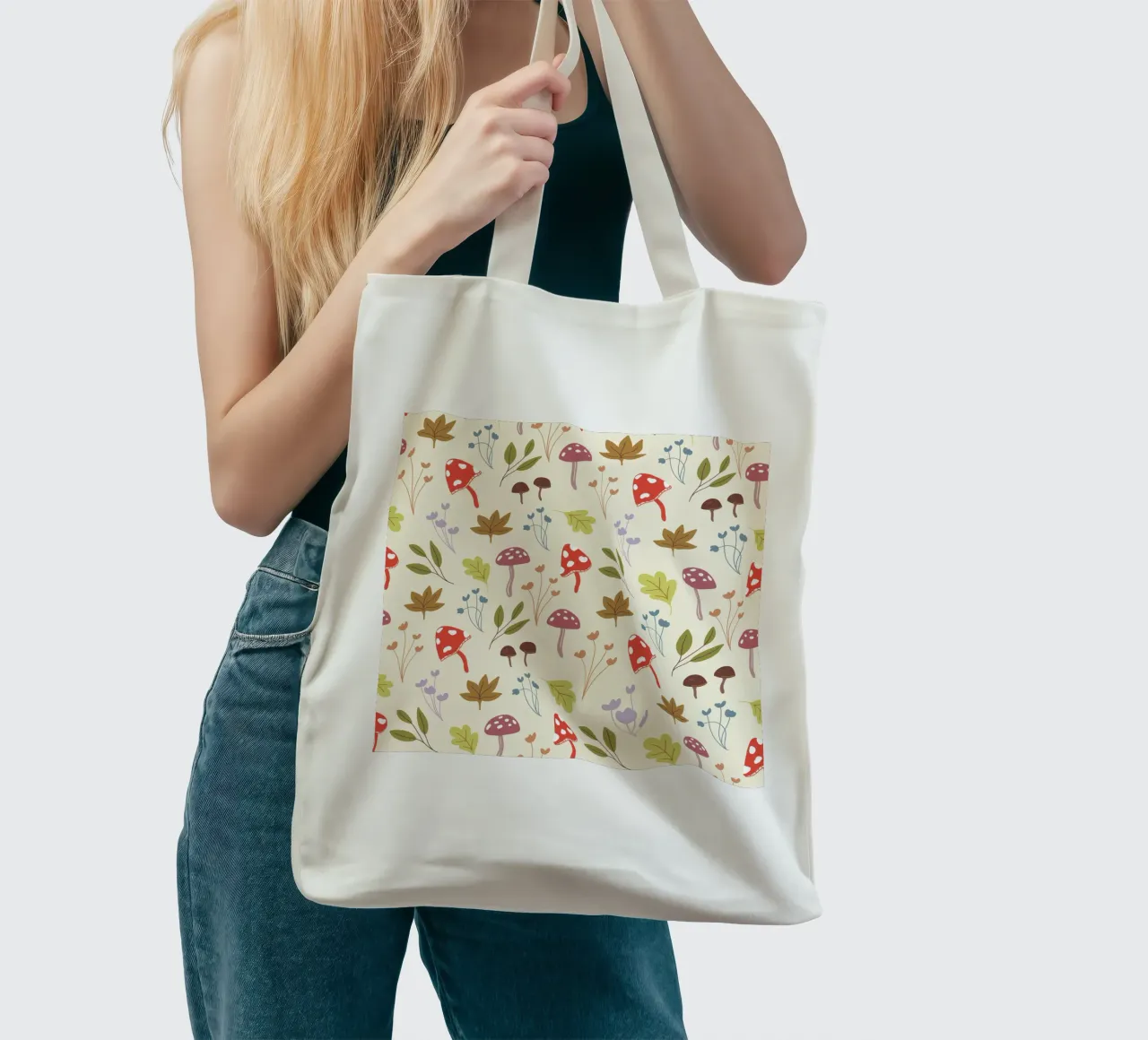 Tiny mushrooms and leaves pattern borsa in juta da anisillustration