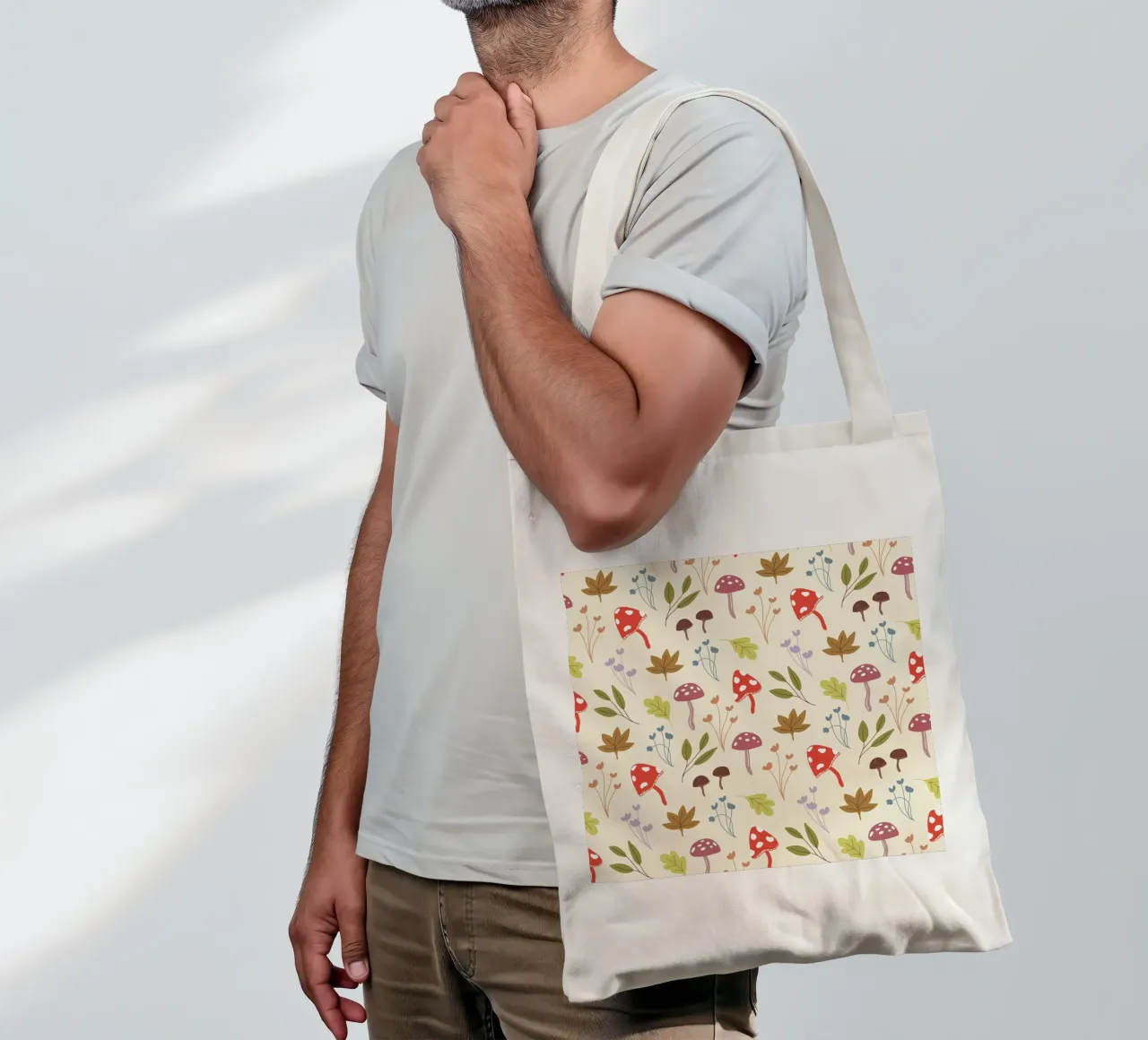 Tiny mushrooms and leaves pattern borsa in juta da anisillustration