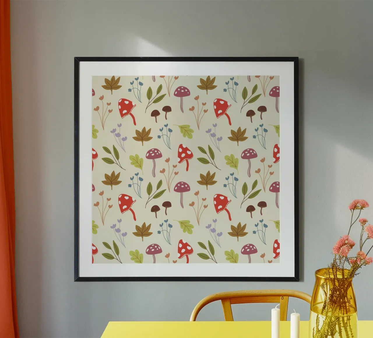 Tiny mushrooms and leaves pattern carta hahnemühle da anisillustration