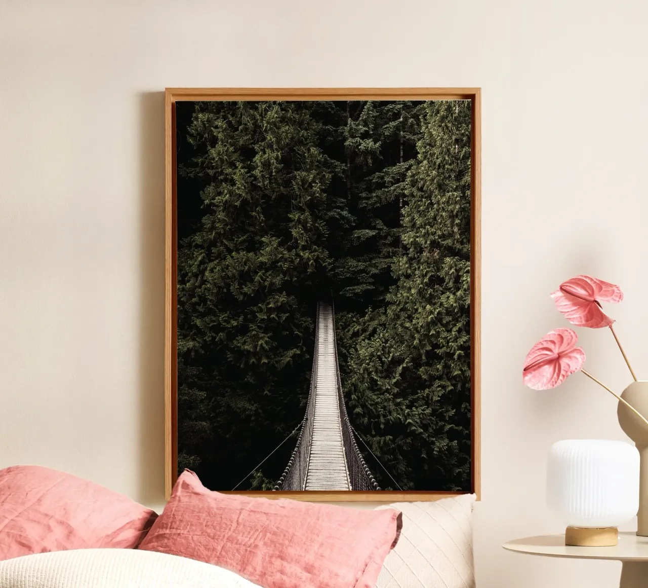 Adventurous suspension bridge in the forest - nature-loving design canvas by Whole©