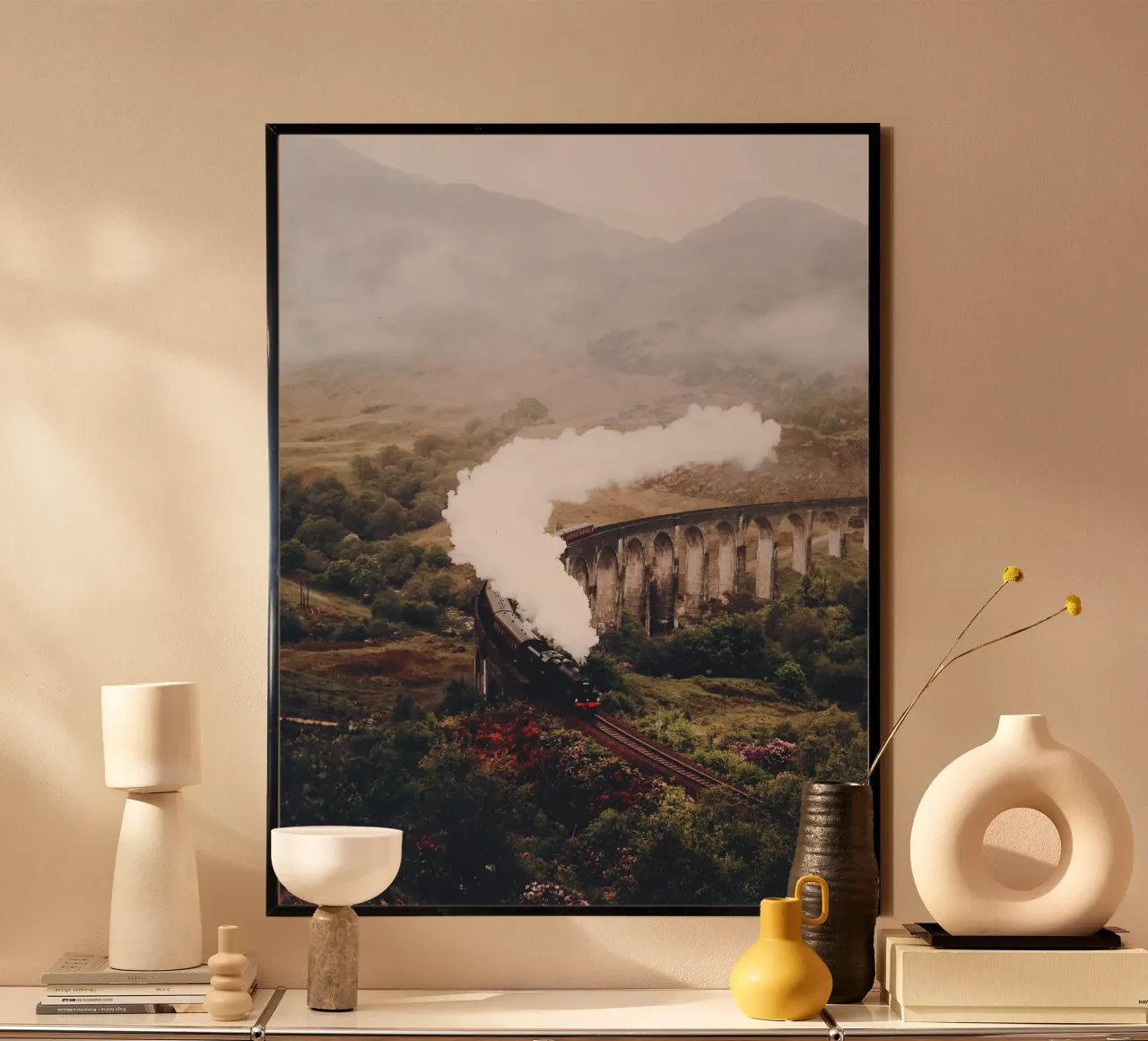 Nostalgische Dampflok über Viadukt – Reisemotiv Poster mit Aluminium Rahmen von Whole©