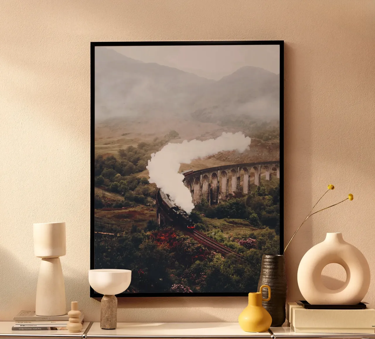 Nostalgische Dampflok über Viadukt – Reisemotiv Poster mit Aluminium Rahmen von Whole©