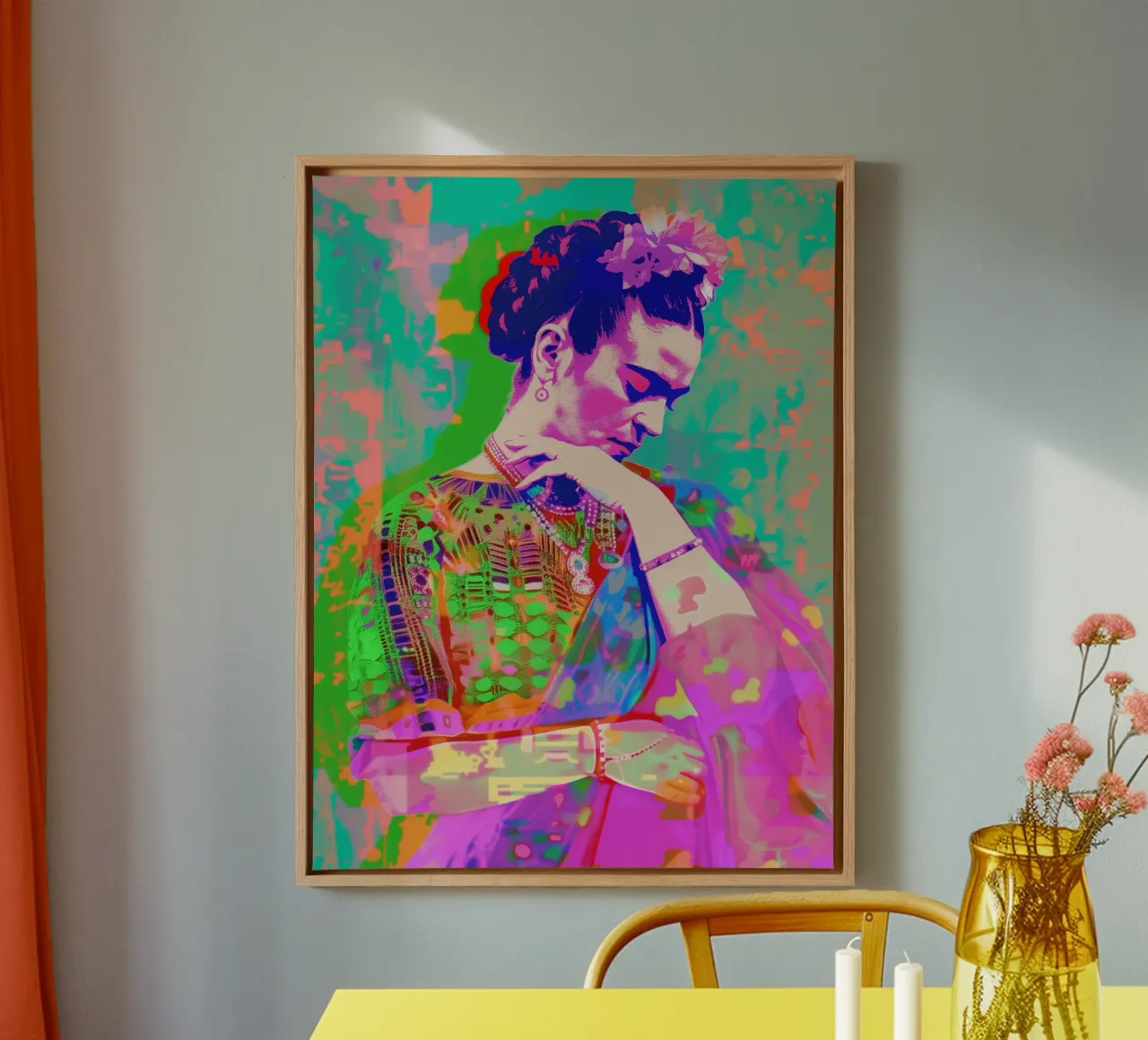 Neon pop Frida Kahlo canvas with Floater frame by Carinaprint