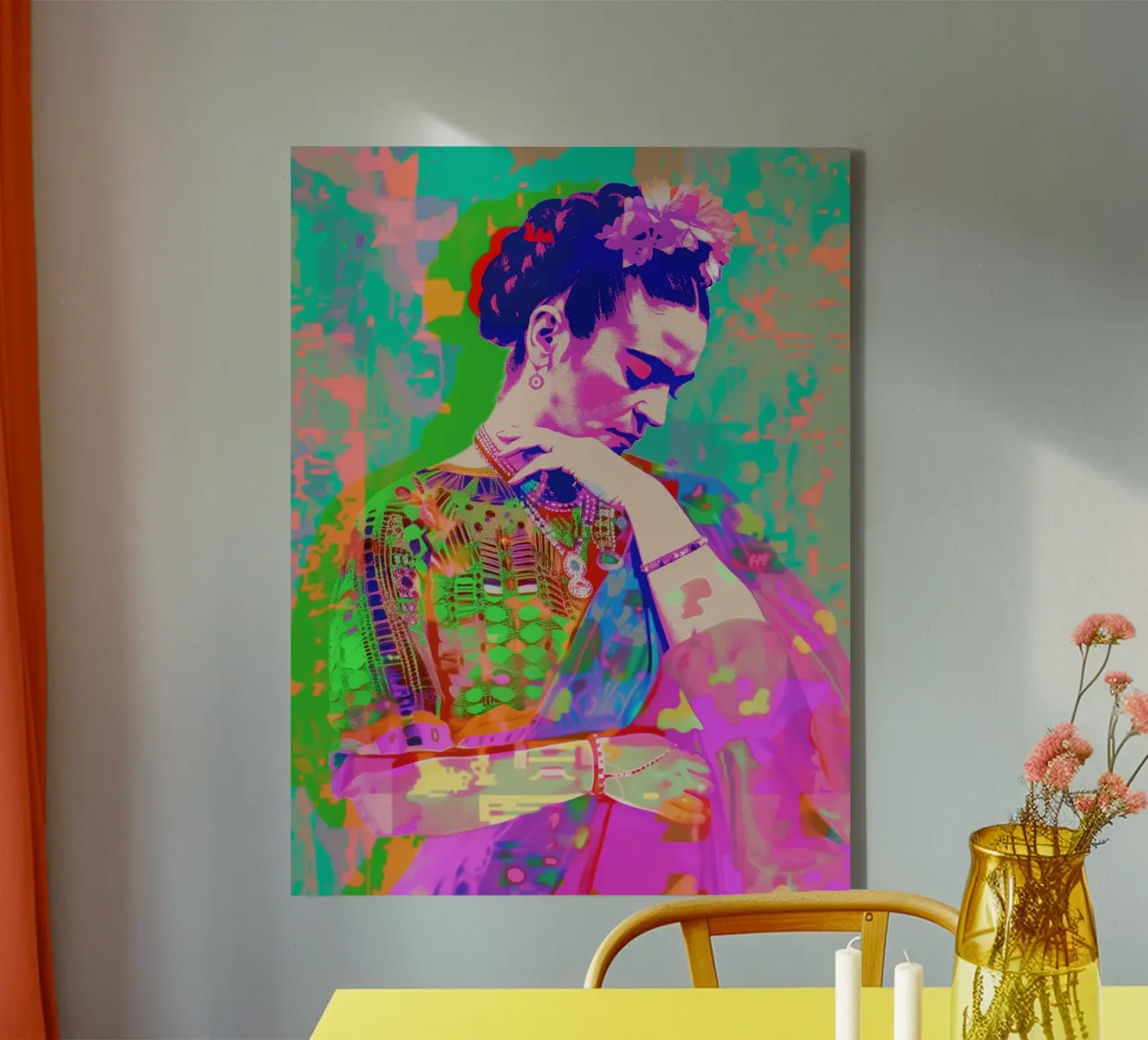 Neon pop Frida Kahlo canvas with Floater frame by Carinaprint